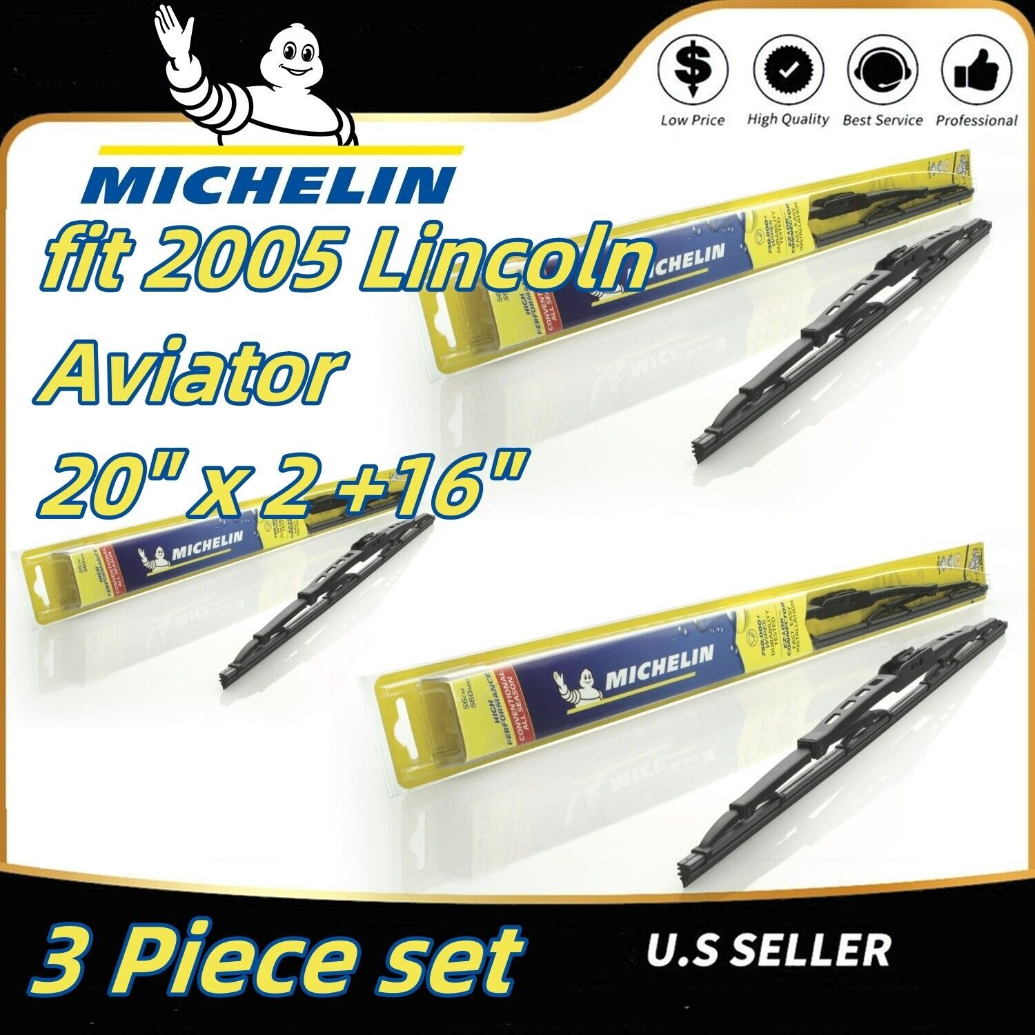 Wiper Blades 3-Pack Front Rear Standard - fit 2005 Lincoln Aviator - 30200x2/160