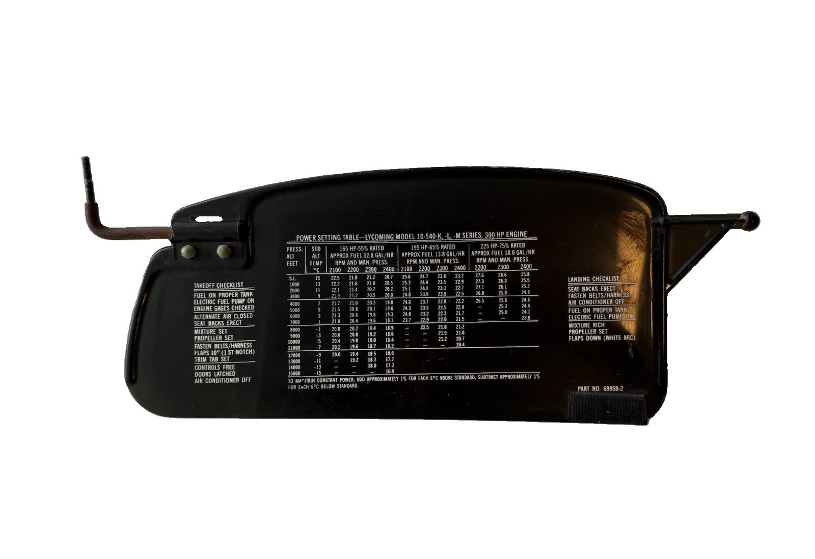 Piper PA32-300 Sun Visor Blade With Power Settings And Checklists PN 69958-2