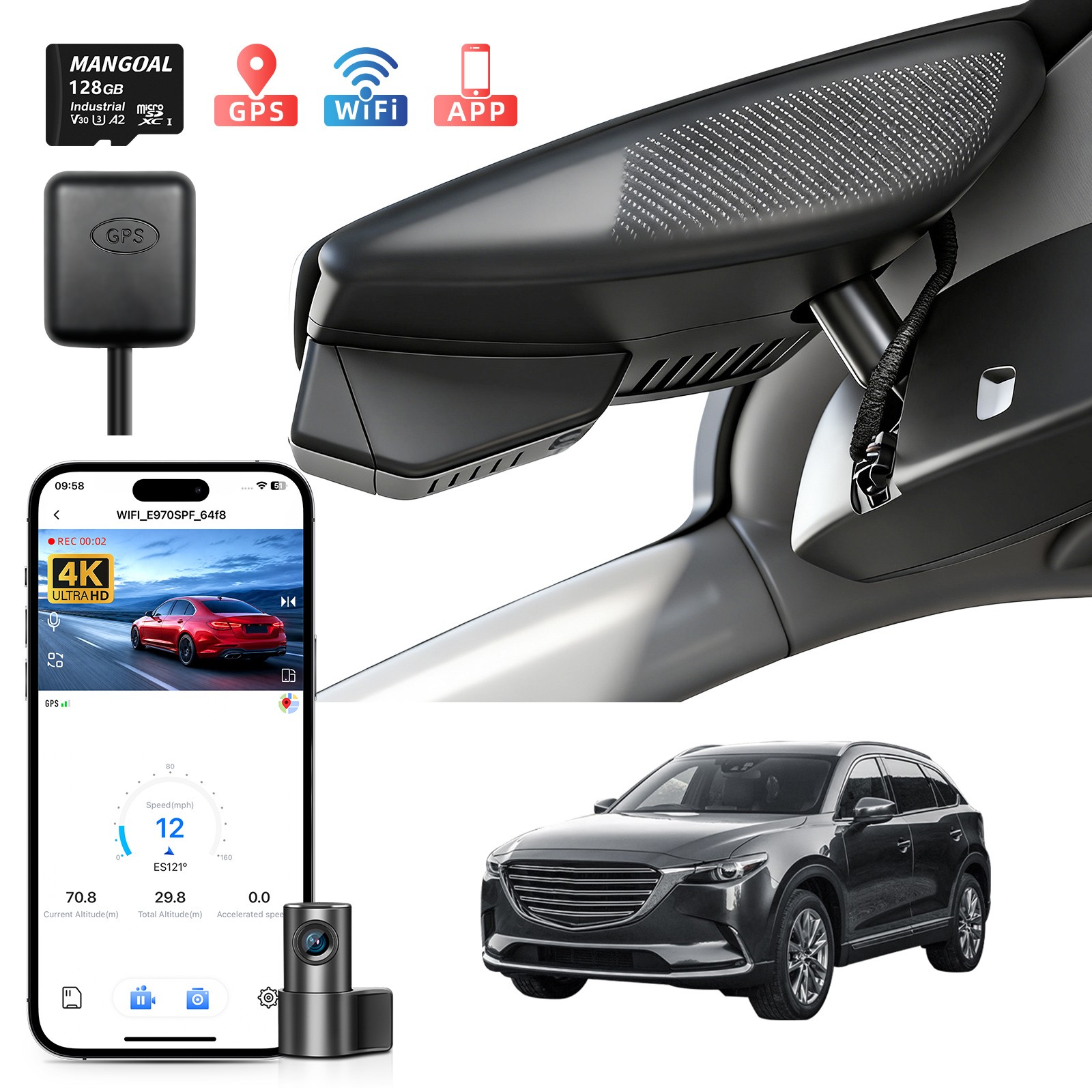 Front 4K+Rear 1080p Dash Cam Custom for Mazda CX5 2019-2025 & CX-9 2020-2023 GPS