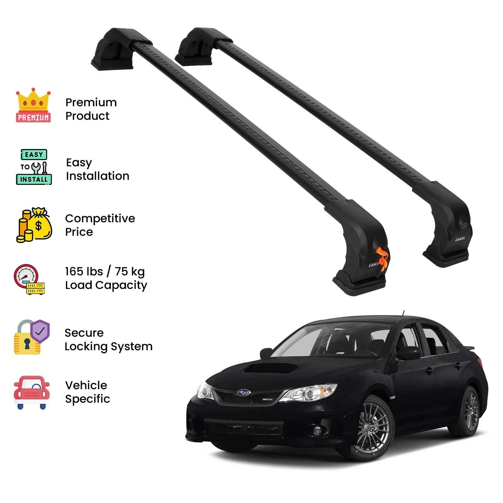 Black Premium Roof Rack Cross Bars For Subaru Impreza 2008-2012