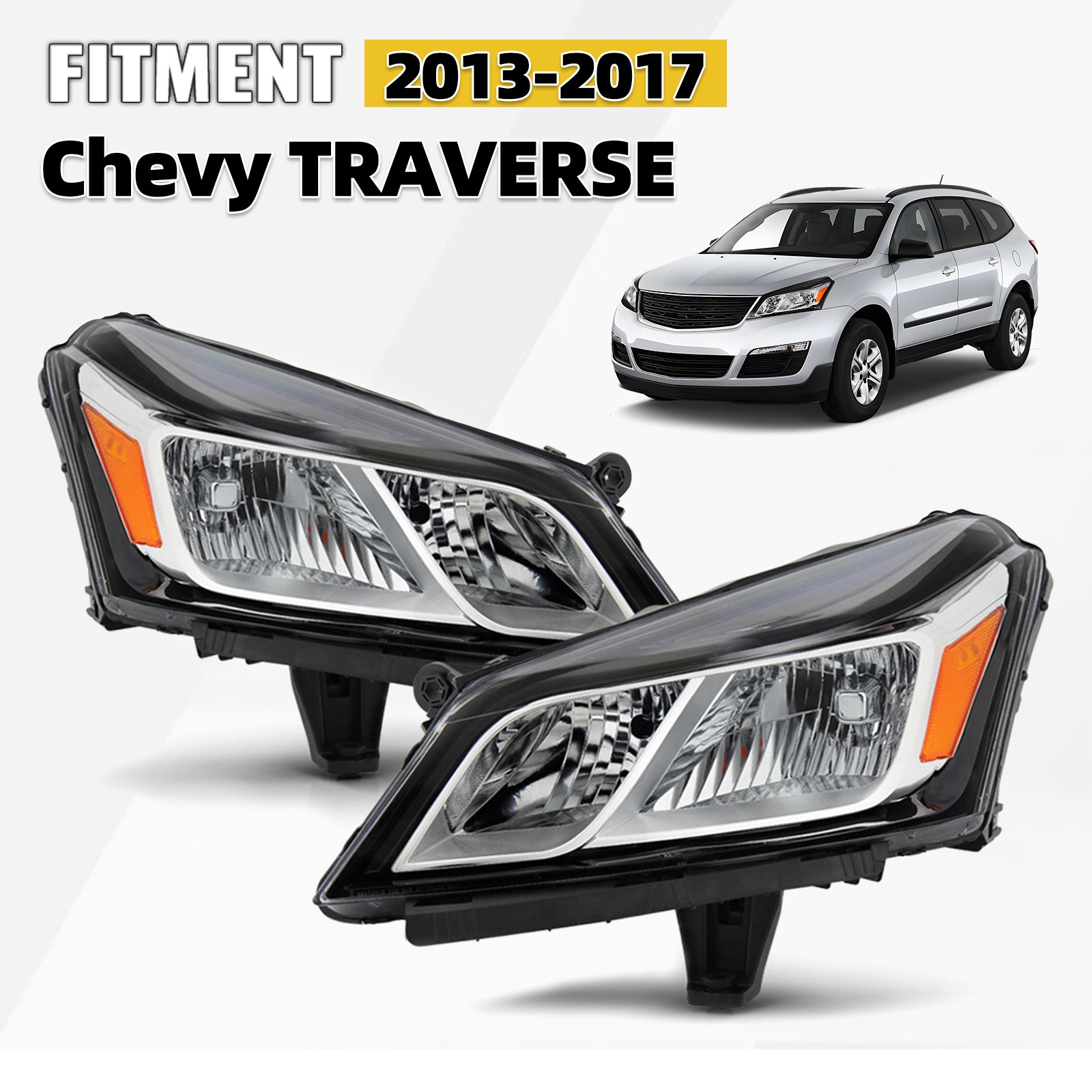 Halogen Type Headlight With Bulb For 2013-2017 Chevy Traverse Left+Right Pair