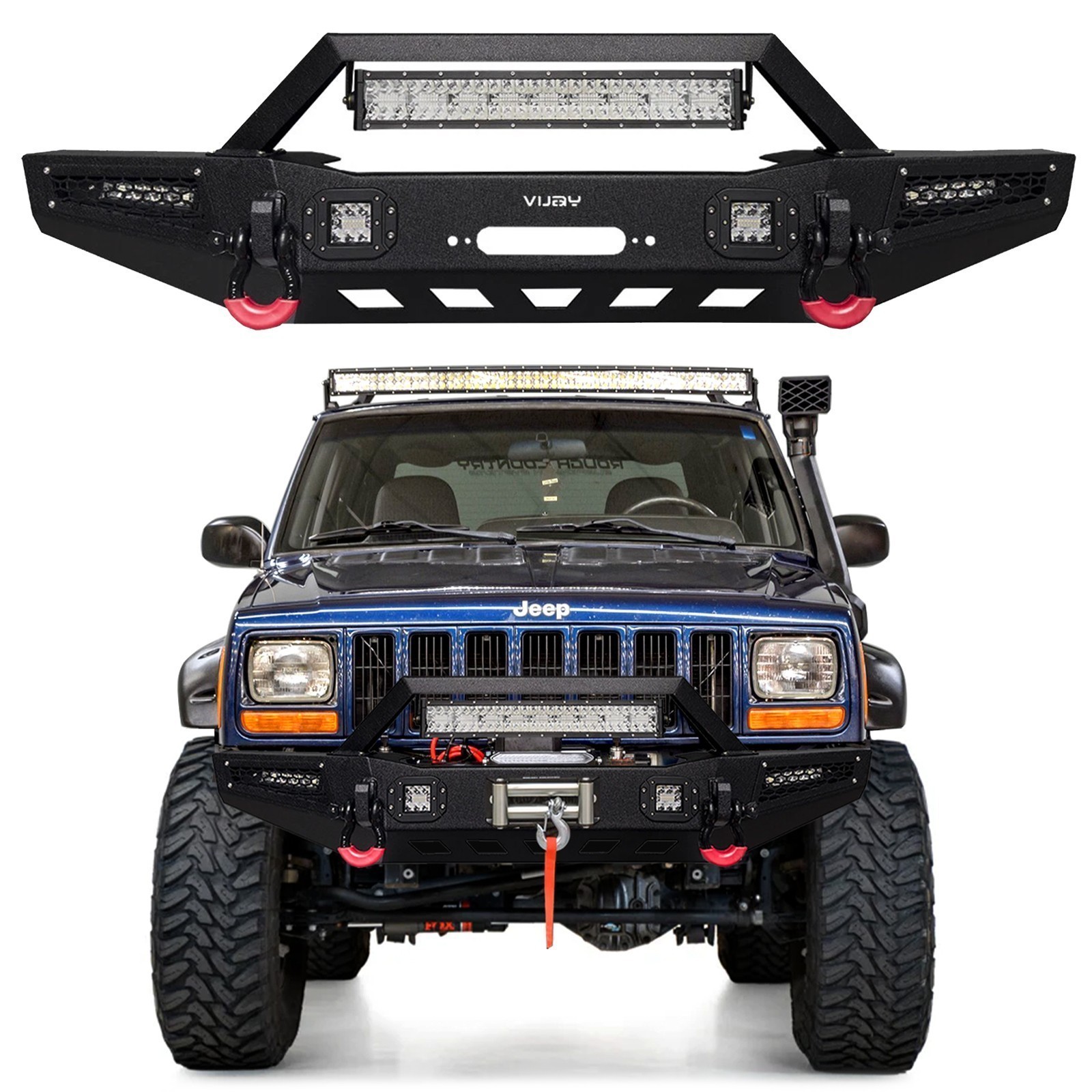Vijay For 1984-2001 Jeep Cherokee XJ/Comanche MJ Black Front Bumper W/LED Lights
