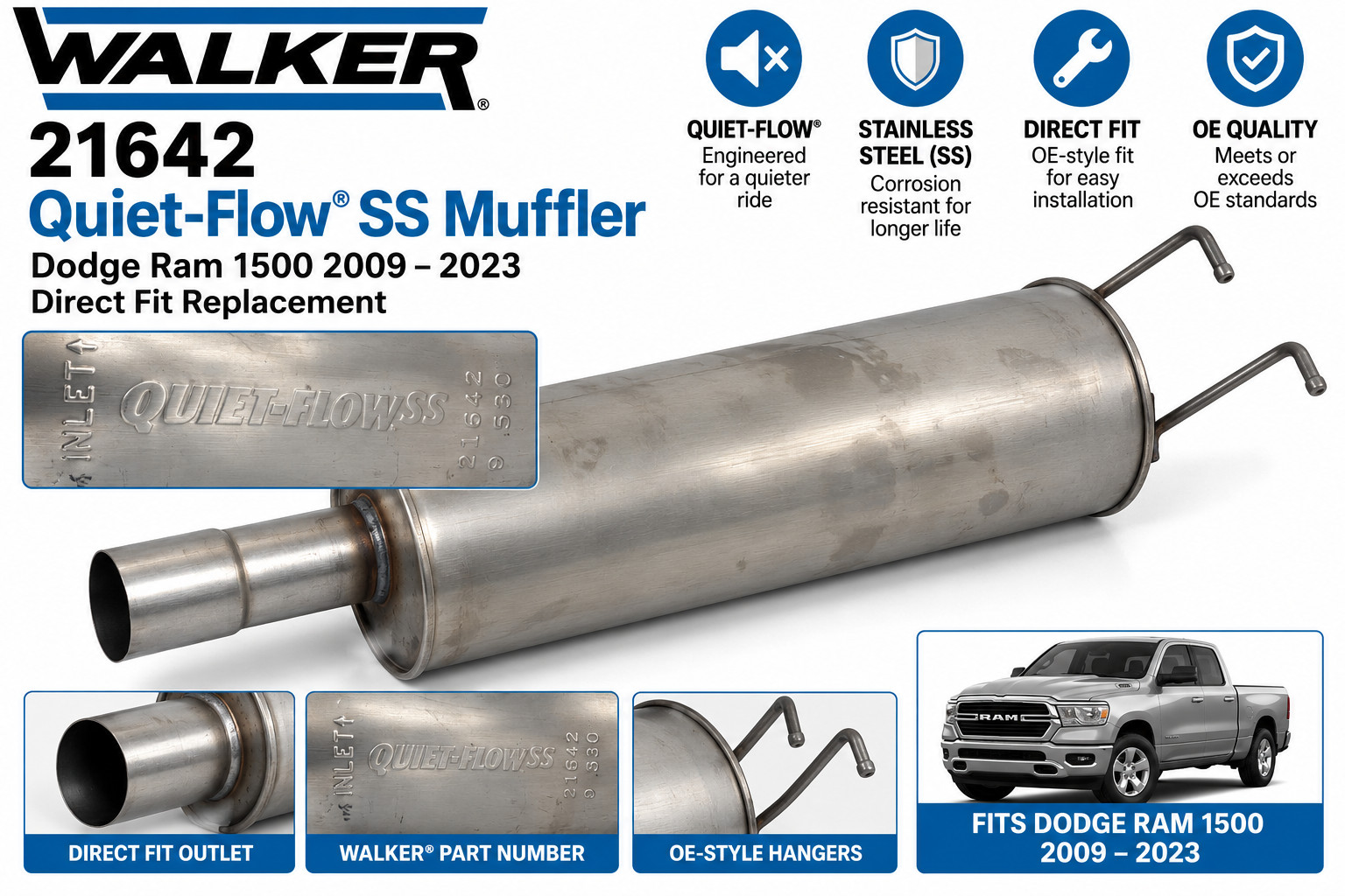 Walker 21642 Quiet-Flow SS Muffler Dodge Ram 1500 2009-2023 Direct Fit