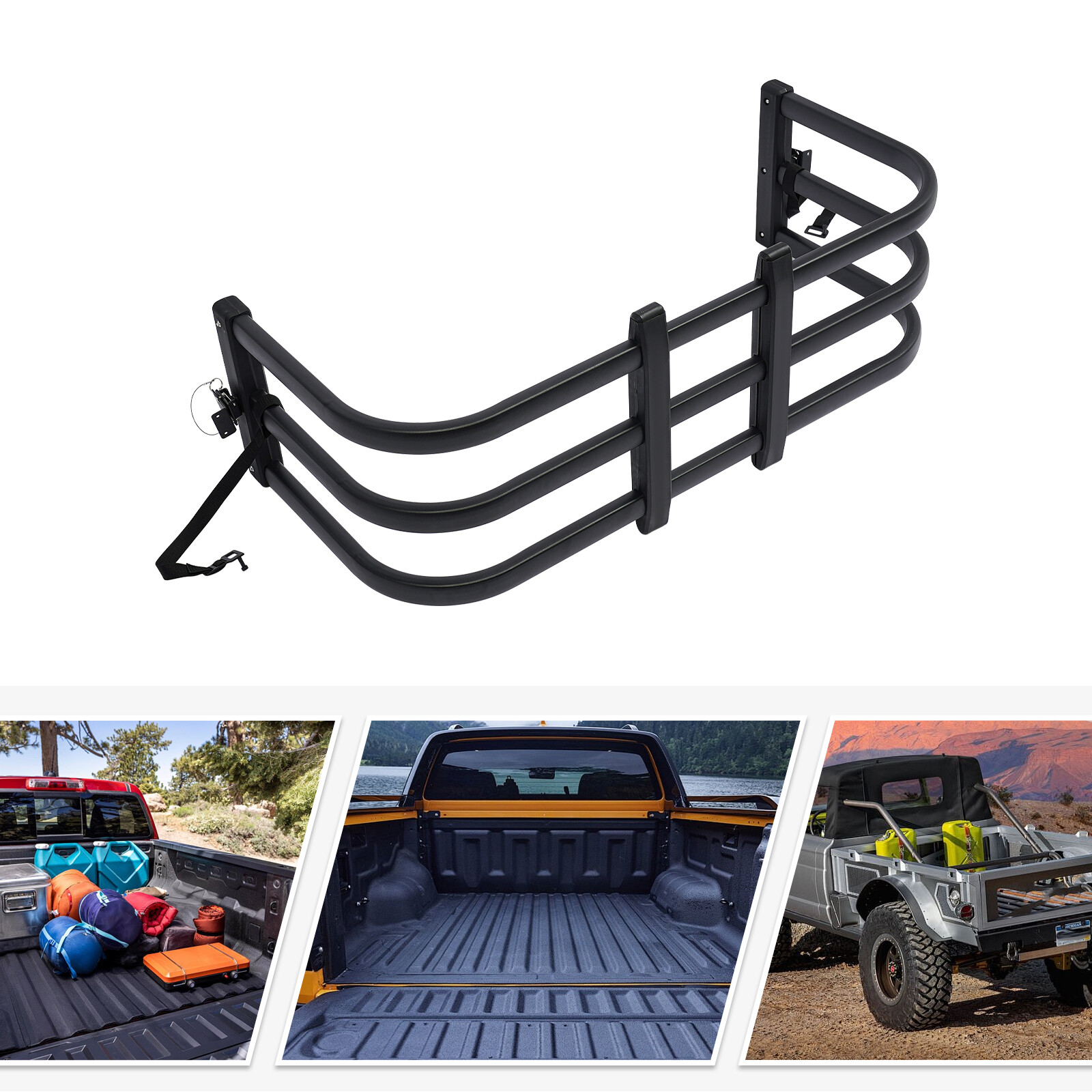 Universal Adjustable Truck Bed Extender 49-61in 180° Flip Black Aluminium