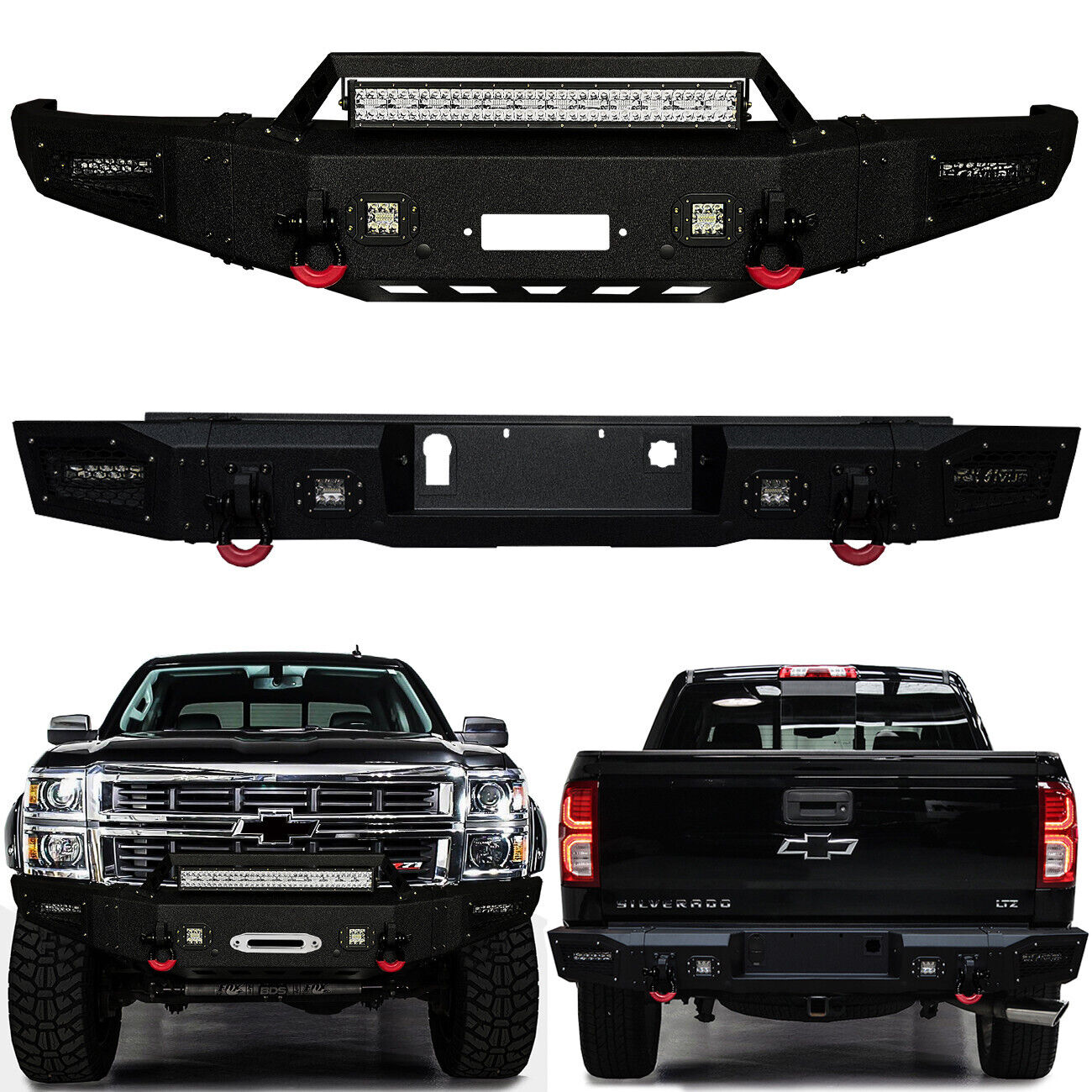 Fits 2014-2015 Chevy Silverado 1500 Front and Rear Bumper with Light and D-ring