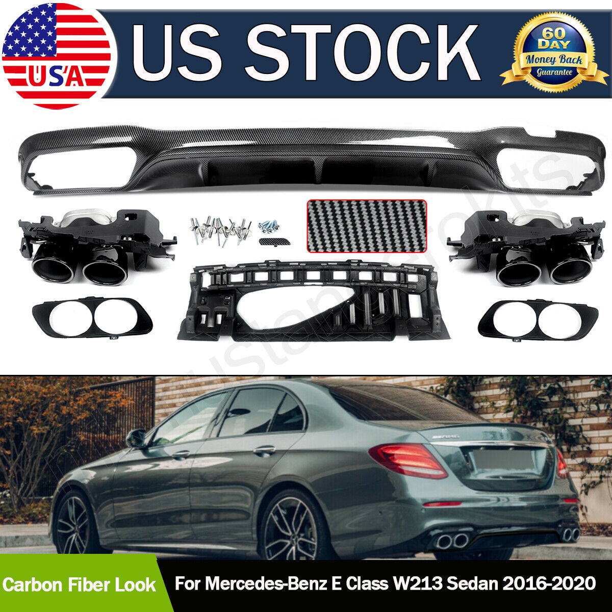AMG E53 Carbon Style For Benz W213 2016-20 Rear Bumper Diffuser W/ Exhaust Tips