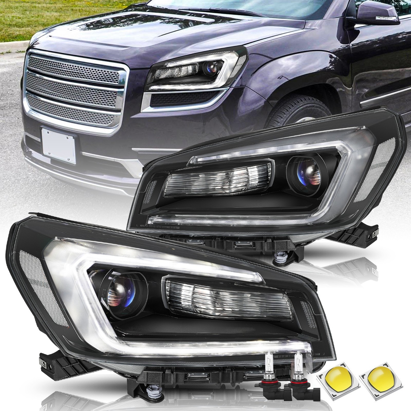 For 2013-2016 GMC Acadia Halogen Projector Black W/Bulbs Headlights Assembly SET
