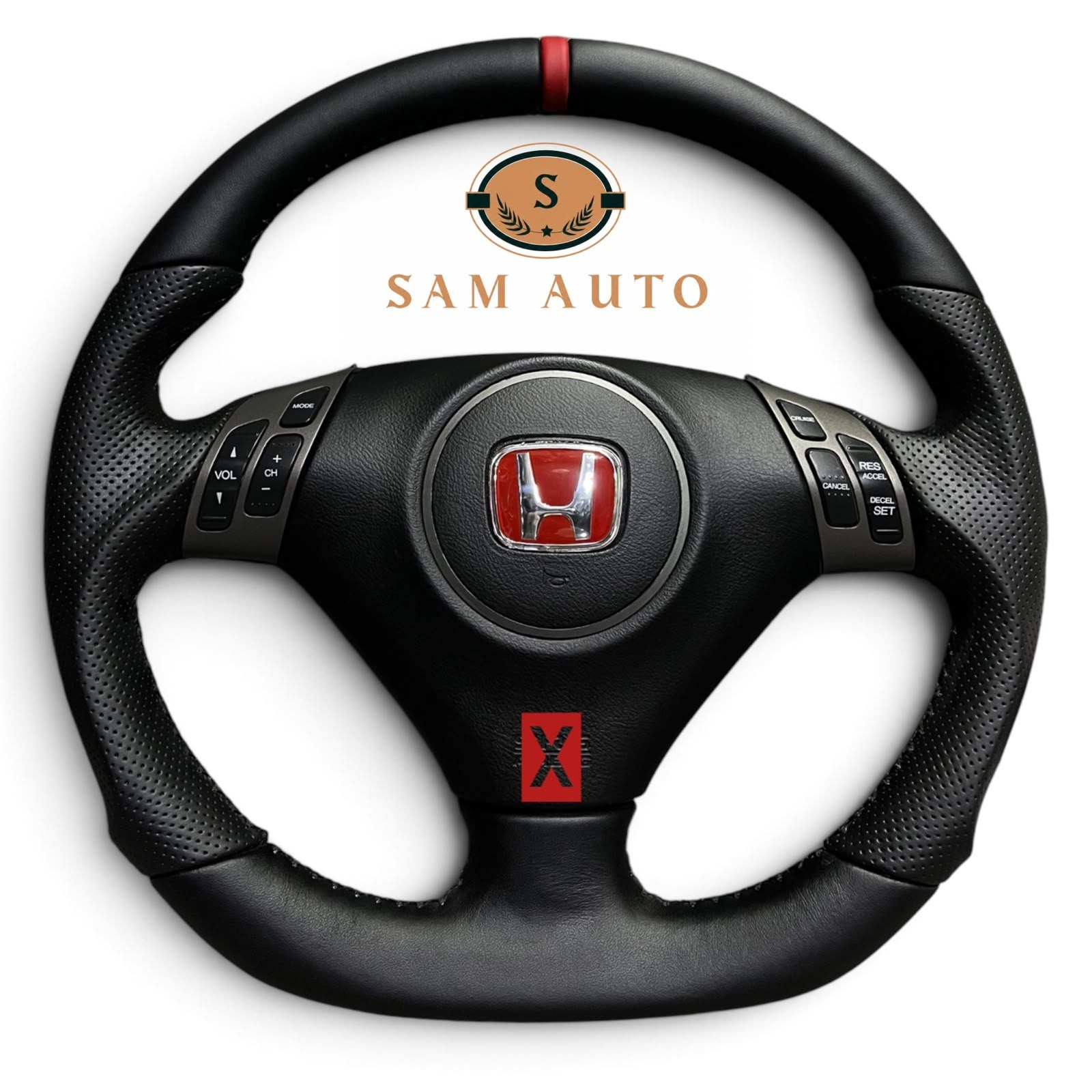 Custom Hand-Stitched Black Leather Steering Wheel for Honda Accord (2003–2007).