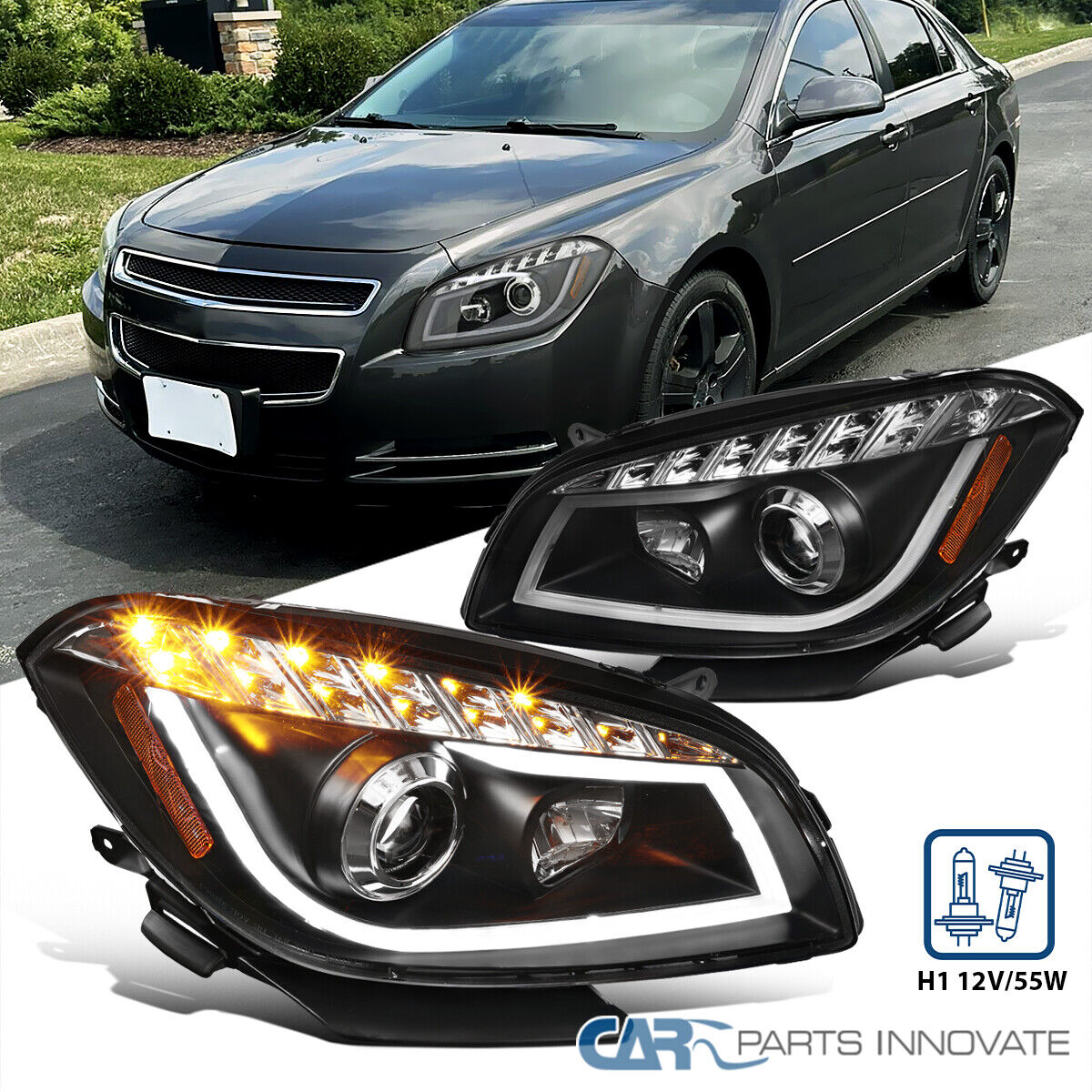 Black Fits 2008-2012 Chevy Malibu LED Strip Projector Headlights Lamp Left+Right