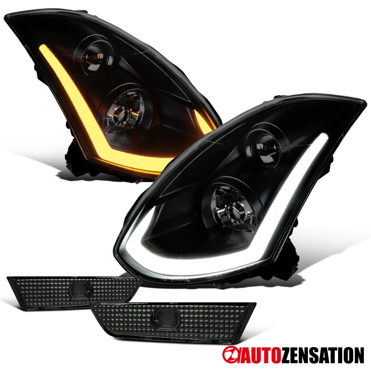 Smoke Fit 03-07 Infiniti G35 Sequential LED Bar Projector Headlights+Bumper Lamp