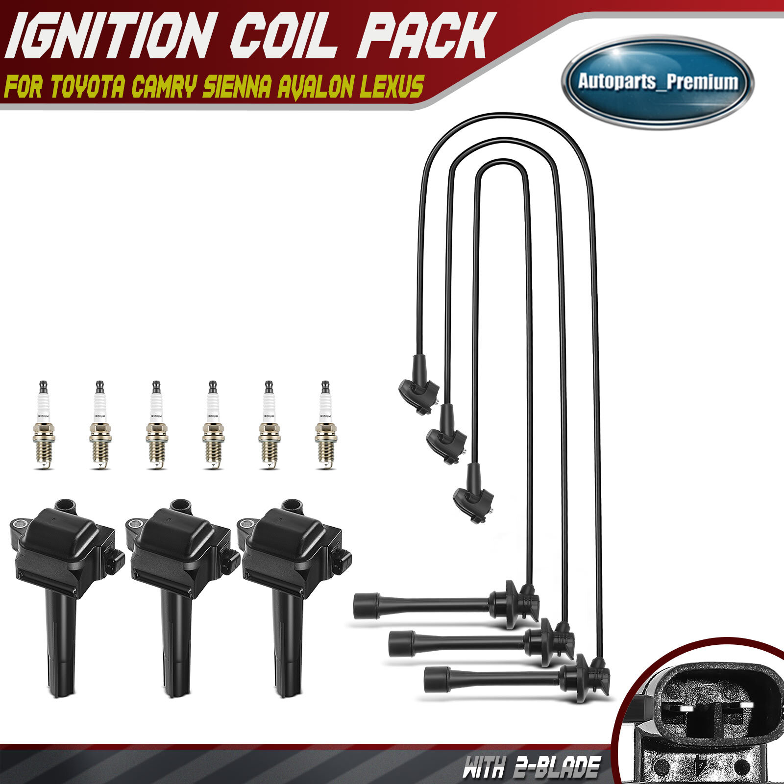 New 3x Ignition Coil & 6x Iridium Spark Plugs & 3x Wires for Toyota Camry Sienna