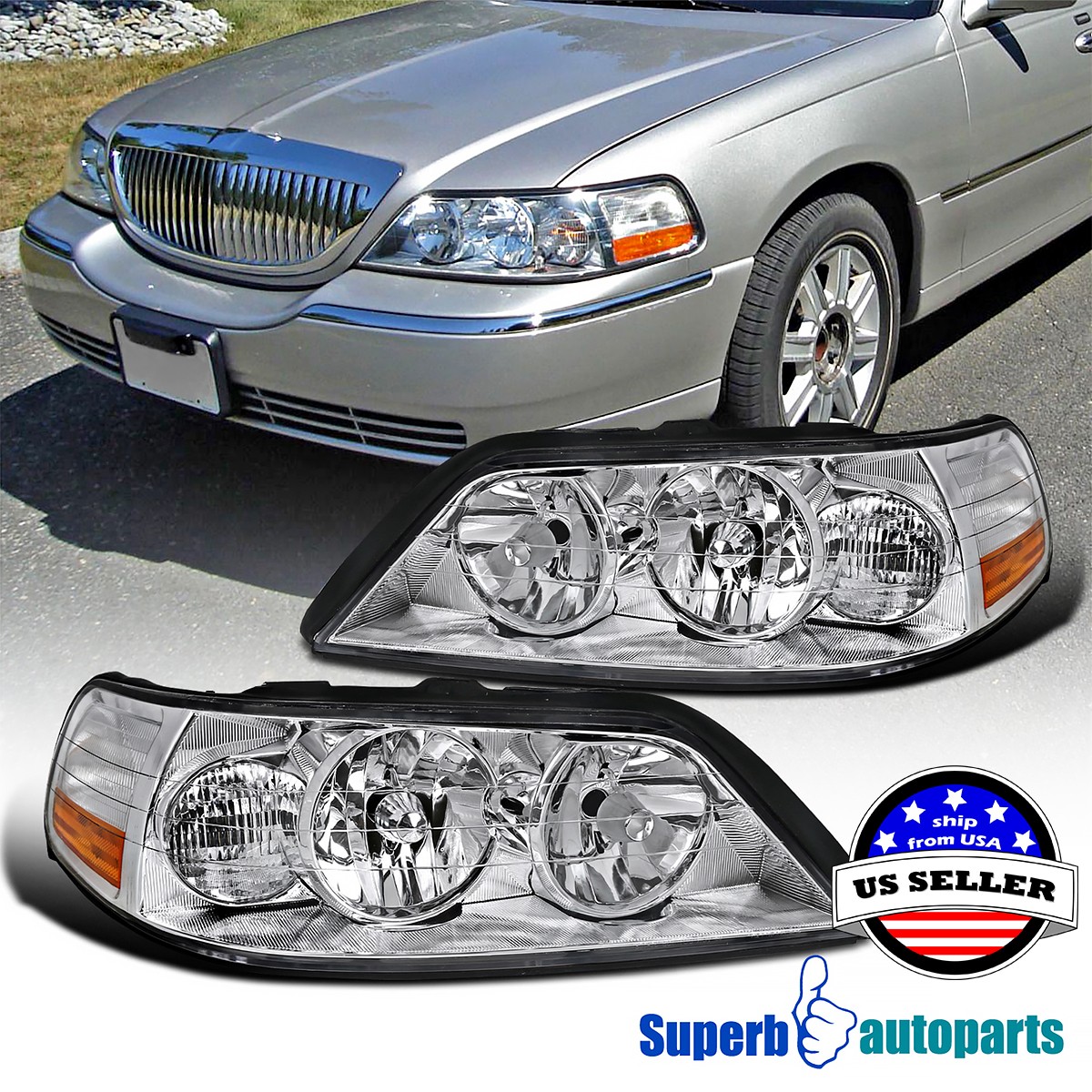 Fits 2005-2011 Lincoln Town Car Front Headlights Signal Lamps Pair L+R Fits 2005-2011 Lincoln Town Car Front Headlights Signal Lamps Pair L+R