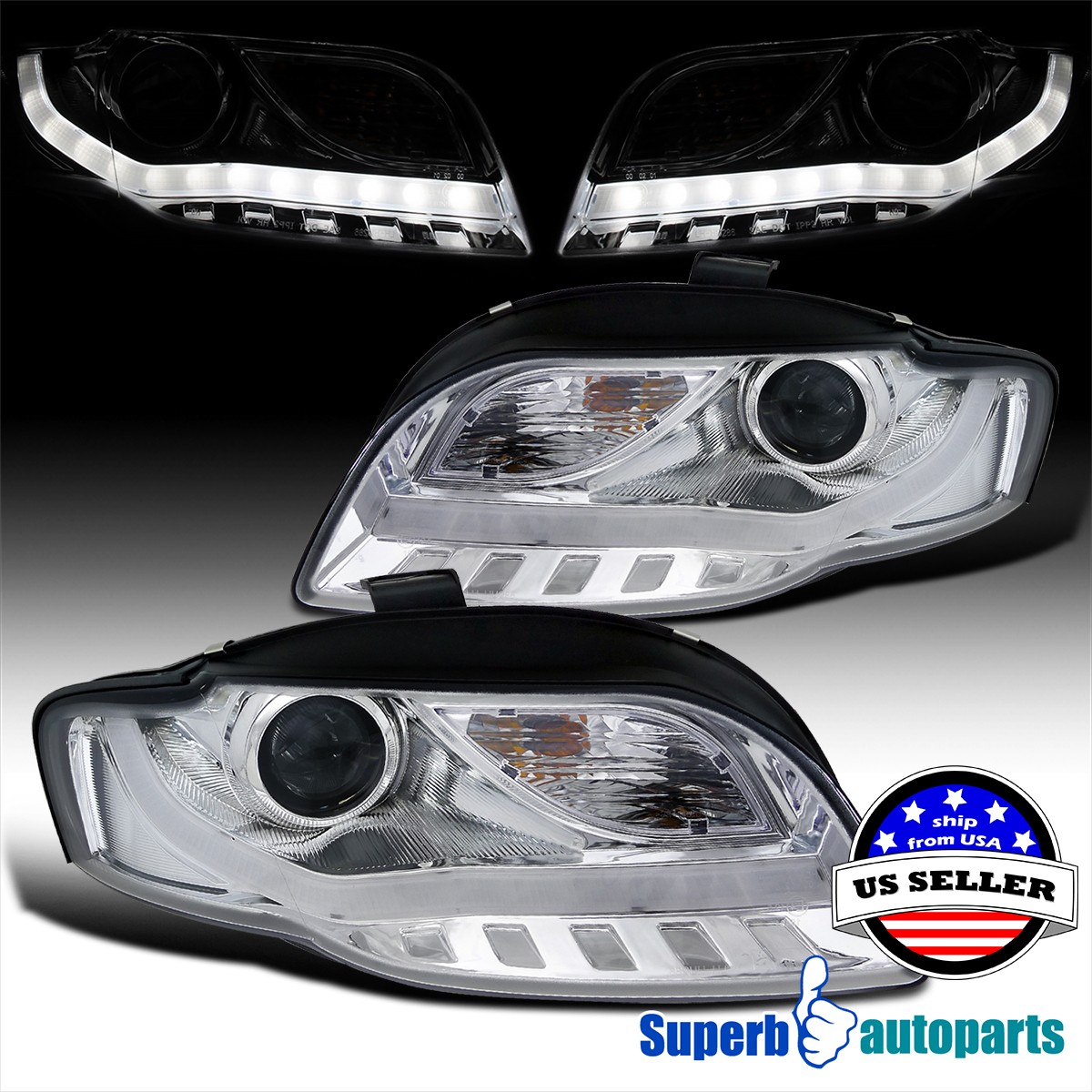 Fits 2005-2008 Audi A4 Projector Headlights BMW Style LED Strip Tube Lamps 06-08 Fits 2005-2008 Audi A4 Projector Headlights BMW Style LED Strip Tube Lamps 06-08