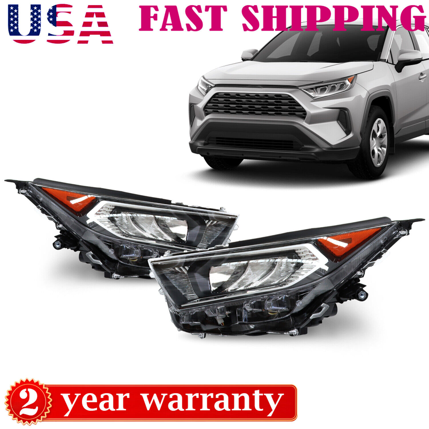 LED Headlight Replacement for 2019 2022 Toyota RAV4 LE XLE Chrome Left Right 2pc