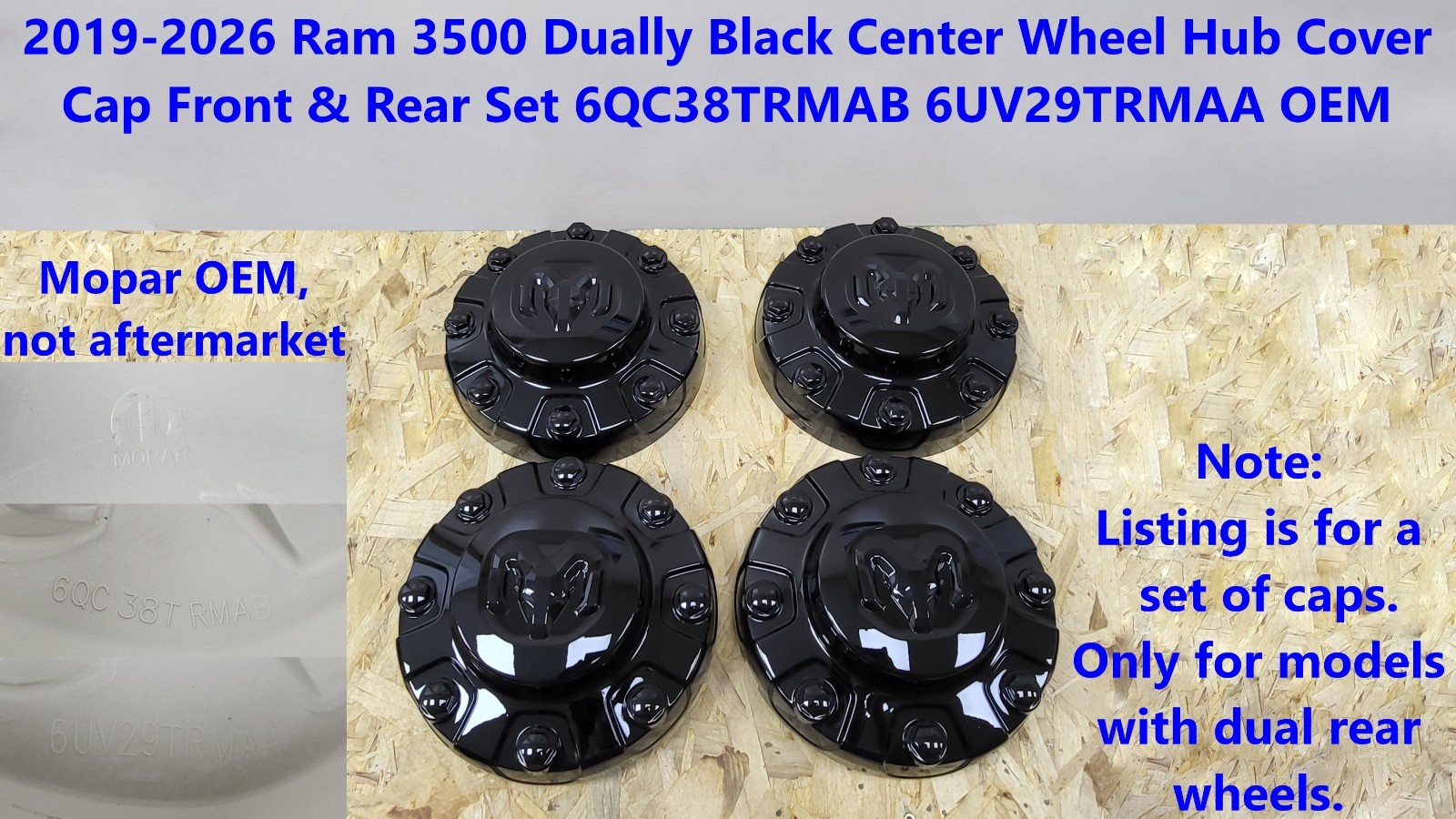 Black Ram 3500 Center Hub Cap Cover Wheel Dually Front & Rear Set 2019 - 2026