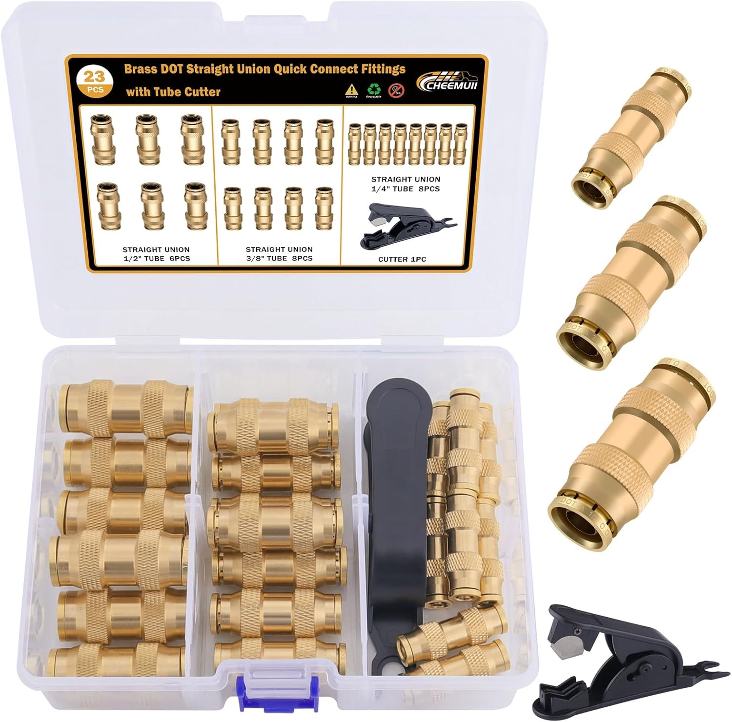 CheeMuii 23PCS Brass DOT Air Line Fittings Kit 1/4 3/8 1/2 for Trucks