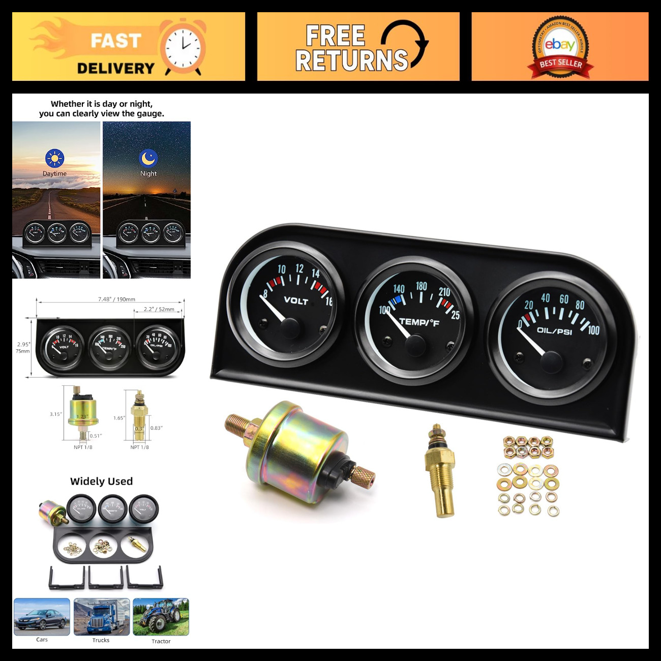 Triple Gauge Set - Volt, Water Temp, Oil Pressure - 2-1/16\