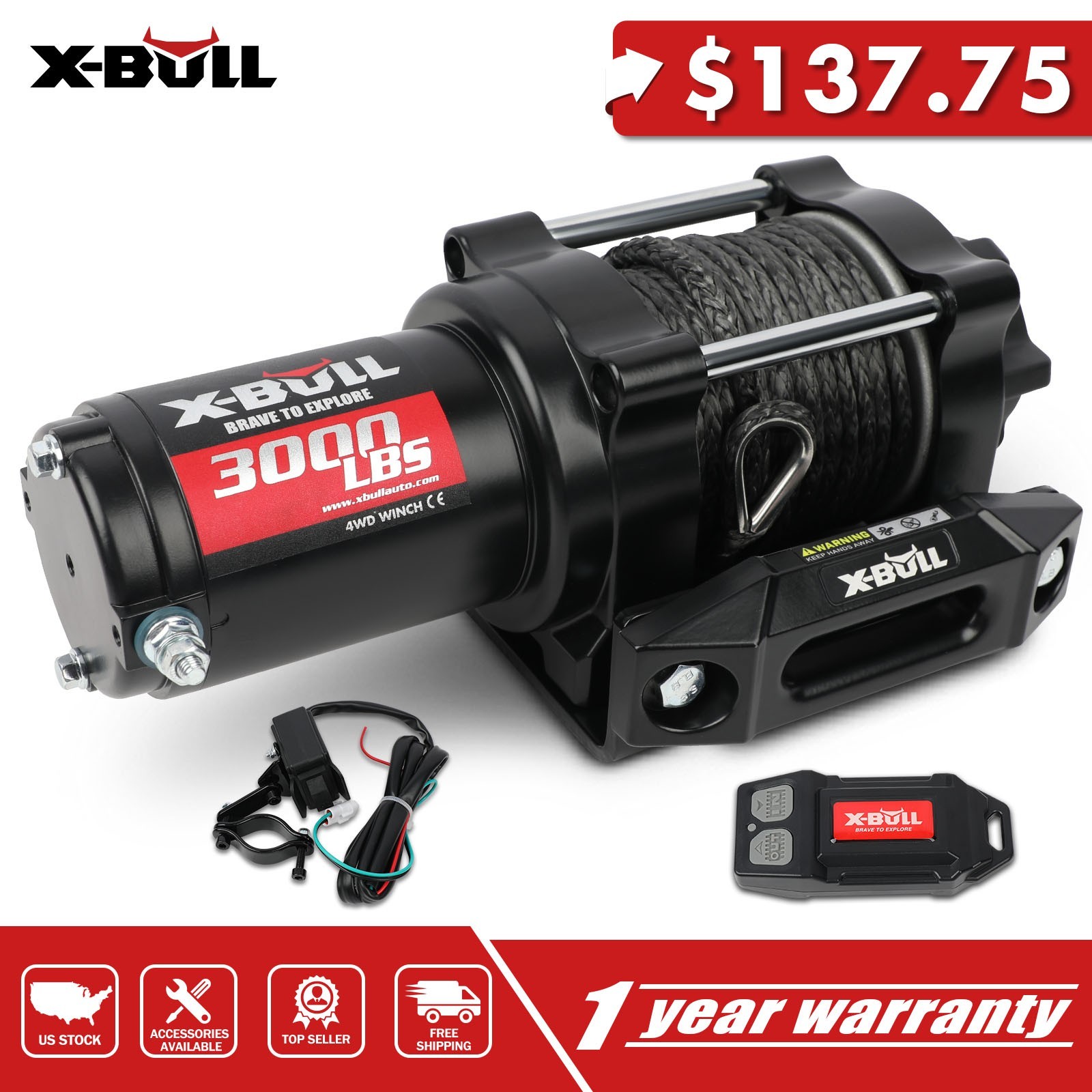 X-BULL ATV Winch Kit Electric UTV Winch 3000LB 5000LB 6000LB Wireless Remote 4X4