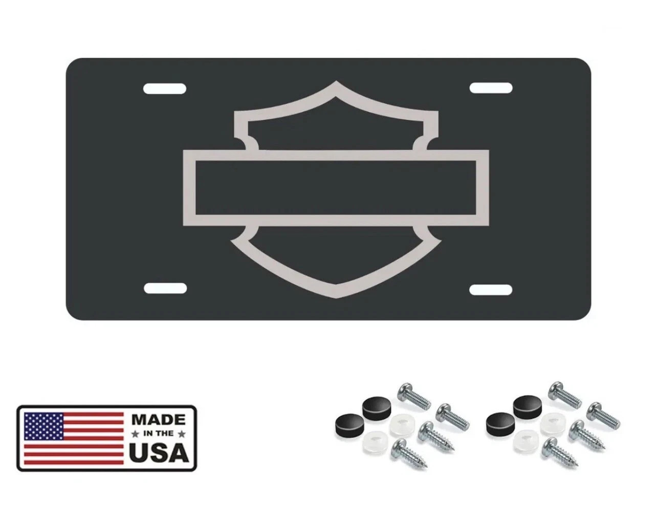  Harley Davidson Bar and Shield Gloss Black aluminum license plate, Silver Logo
