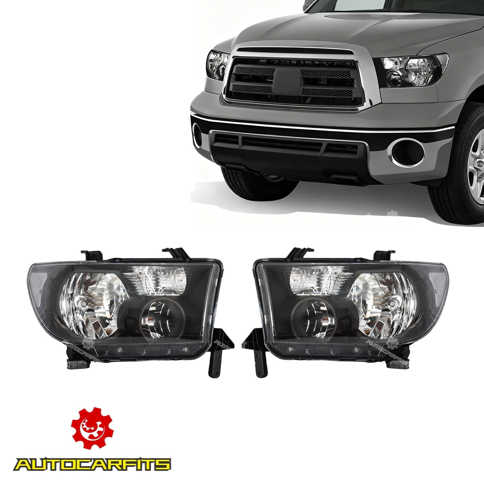 Black Clear Headlights Halogen For 2007-2013 Toyota Tundra&2008-17 Sequoia LH+RH