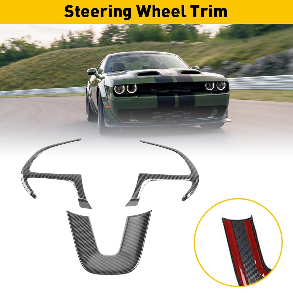 3X Car Steering Wheel Decoration Cover Carbon Fiber For 15-22 Dodge Challenger