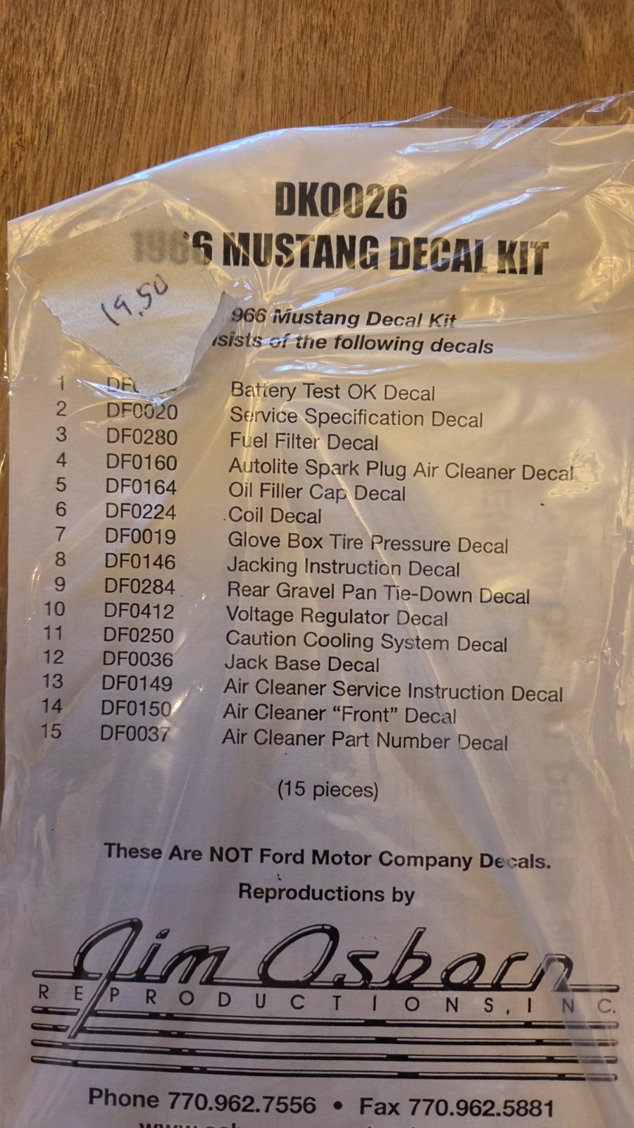 Jim Osborn Reproductions Decal Kit 15-Piece Mustang 1966