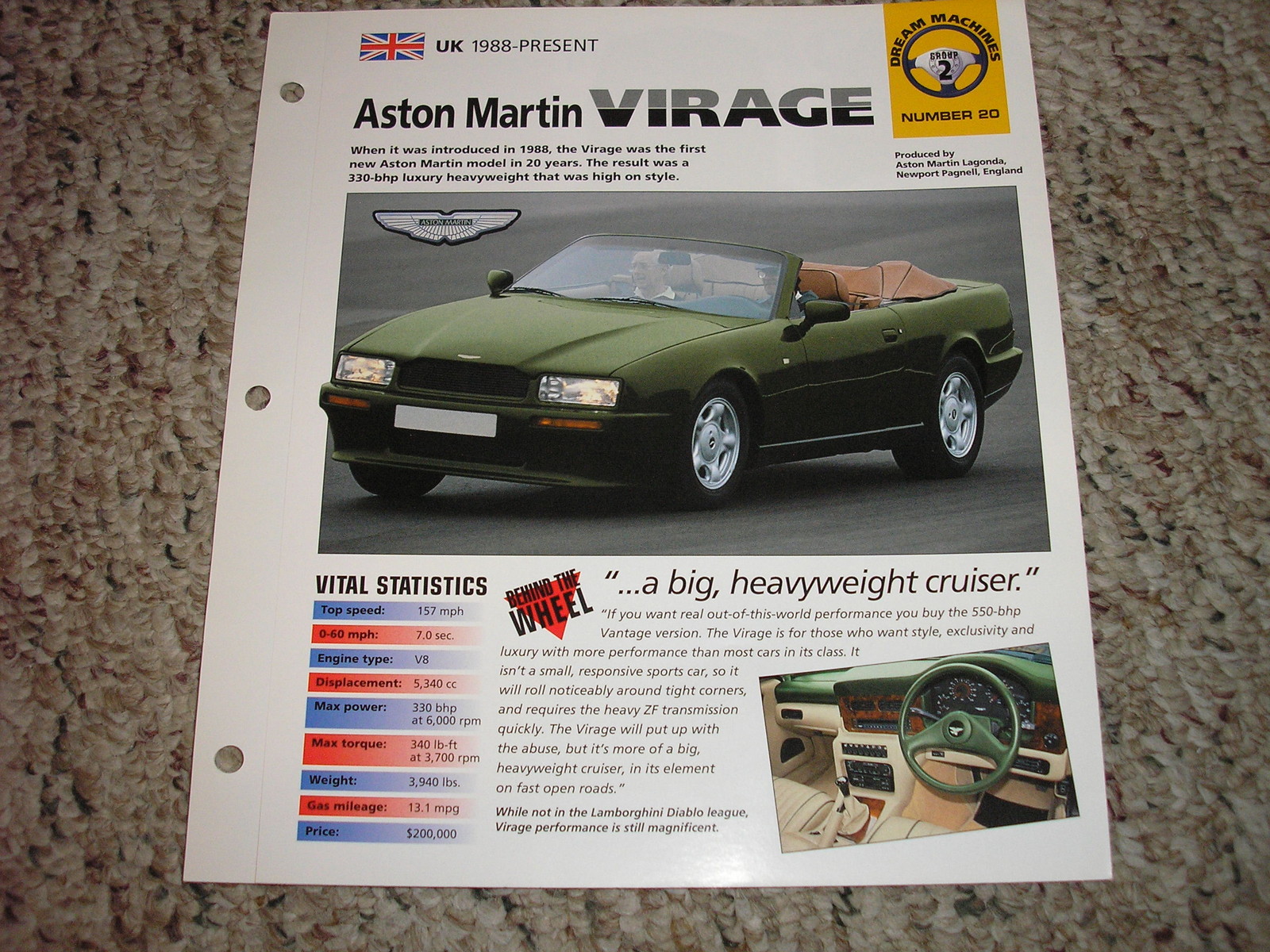 UK 1988-Present Aston Martin Virage Hot Cars Group 2 # 20 Spec Sheet Brochure