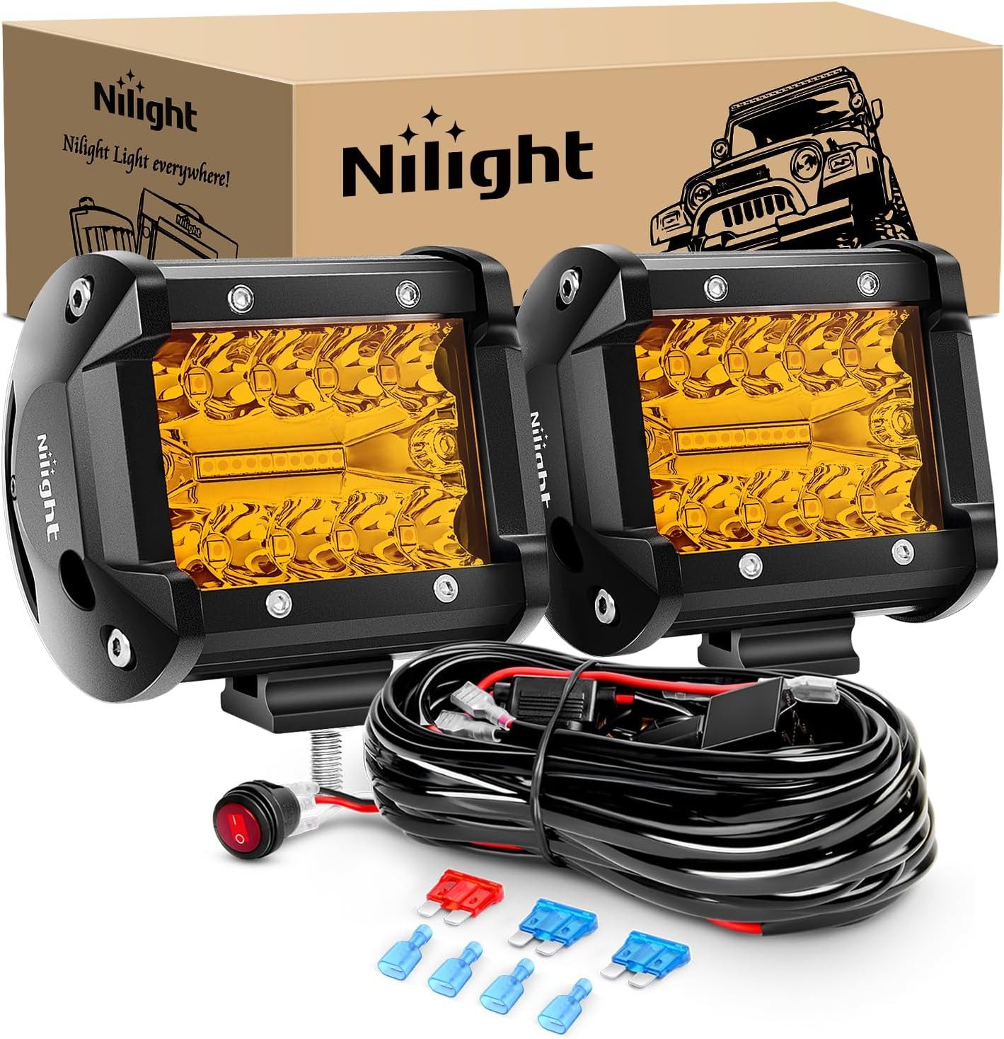 Nilight 2PC 4Inch Amber Led Pods Triple Row 60W Flood Spot Combo Driving Fog
