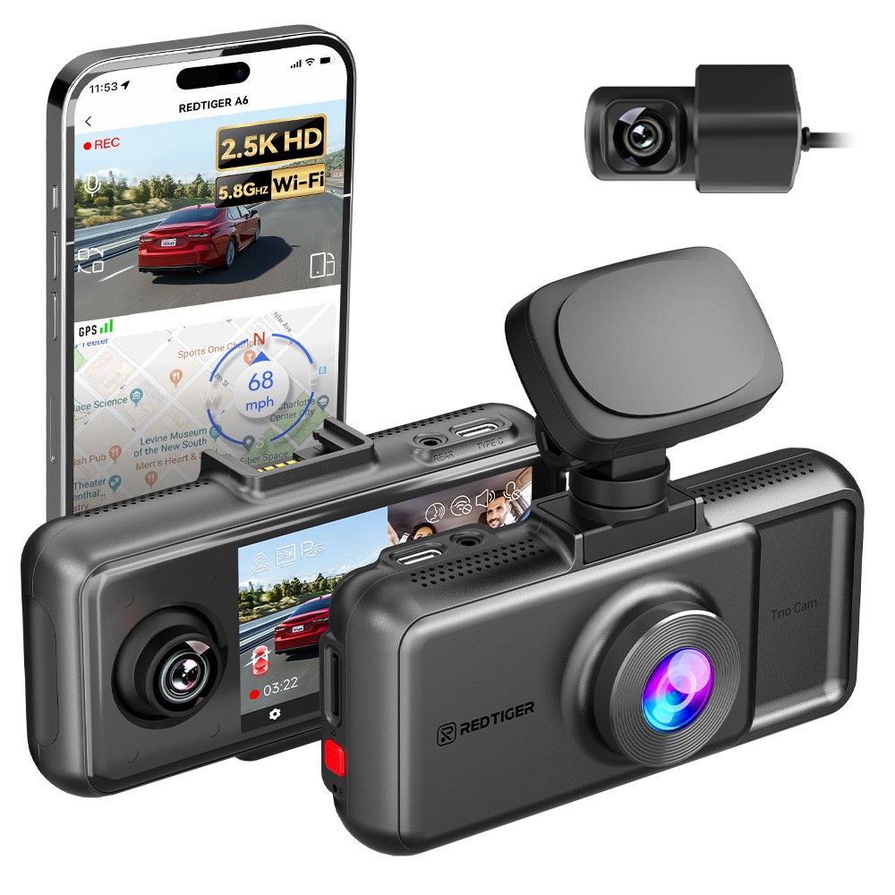 REDTIGER 3-Channel Dash Cam Front Inside Rear 4K/2.5K+1080P 5.8GHz WiFi GPS REDTIGER 3-Channel Dash Cam Front Inside Rear 4K/2.5K+1080P 5.8GHz WiFi GPS