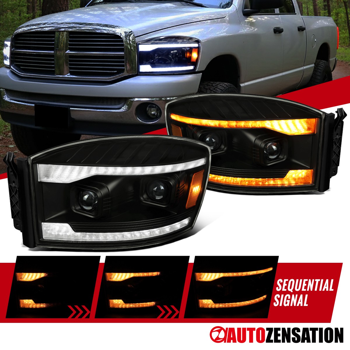 Fit 2006-2009 Ram 1500 2500 Smoke Sequential LED DRL Projector Headlights Lamps Fit 2006-2009 Ram 1500 2500 Smoke Sequential LED DRL Projector Headlights Lamps