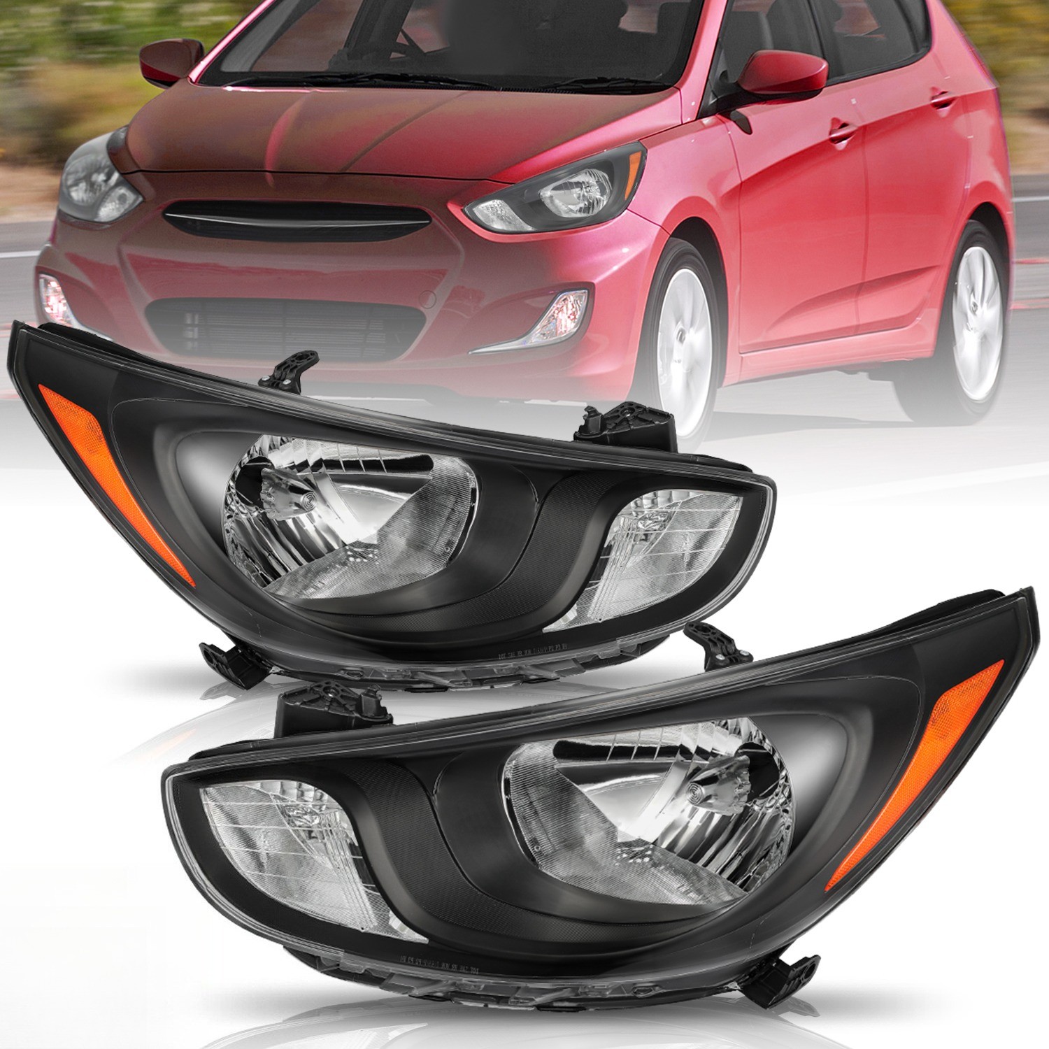 For 2012-2014 Hyundai Accent Sedan Black Amber Headlights Headlamp Pair 12-14