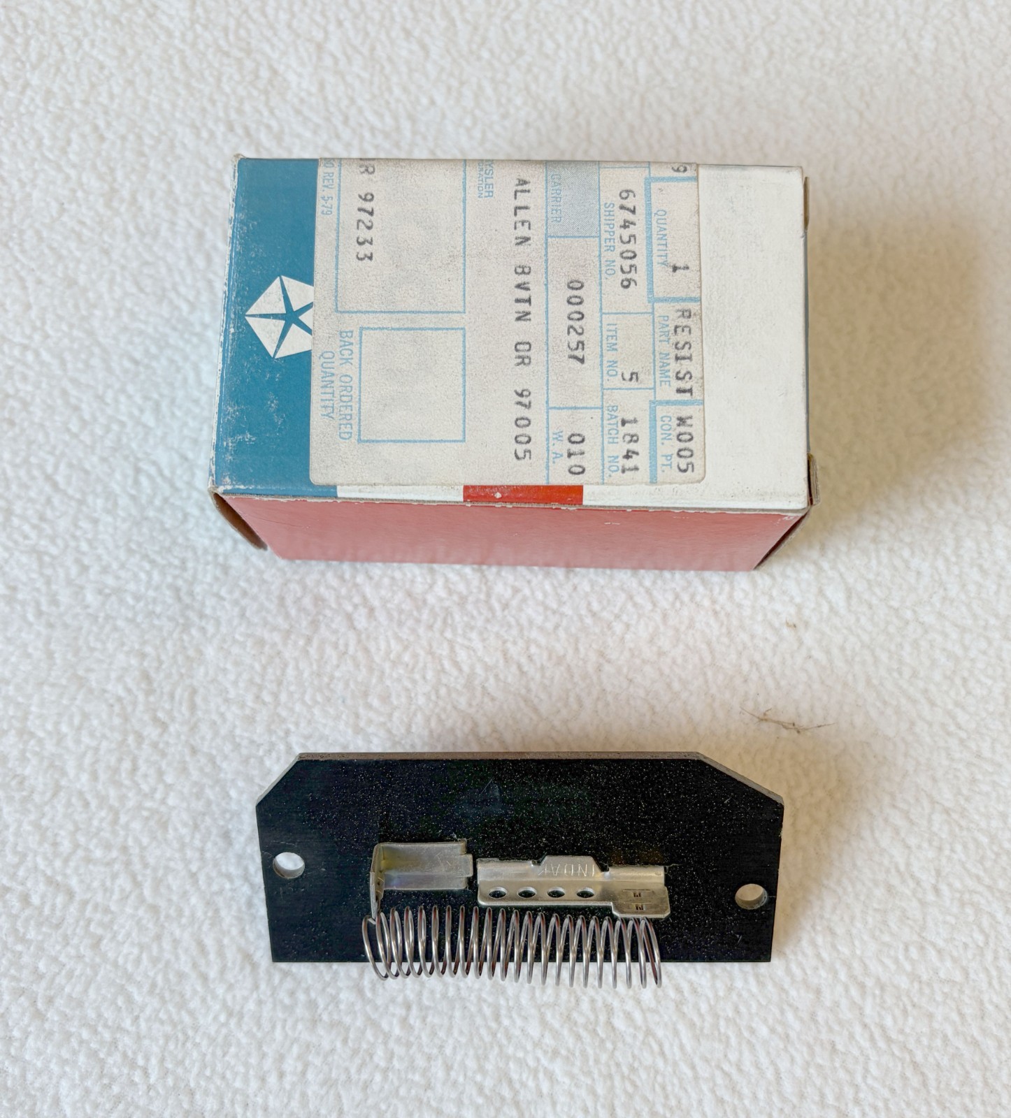 NOS MoPar 1964-76 Mopar A Body 1970-74 E Body Blower Motor Resistor NON A/C Cuda NOS MoPar 1964-76 Mopar A Body 1970-74 E Body Blower Motor Resistor NON A/C Cuda