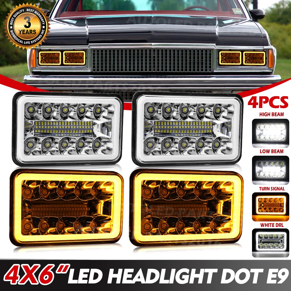 4pcs Fit 1986-1997 Cheverolet Caprice LED Headlights HI/LO Beam White/Amber DRL