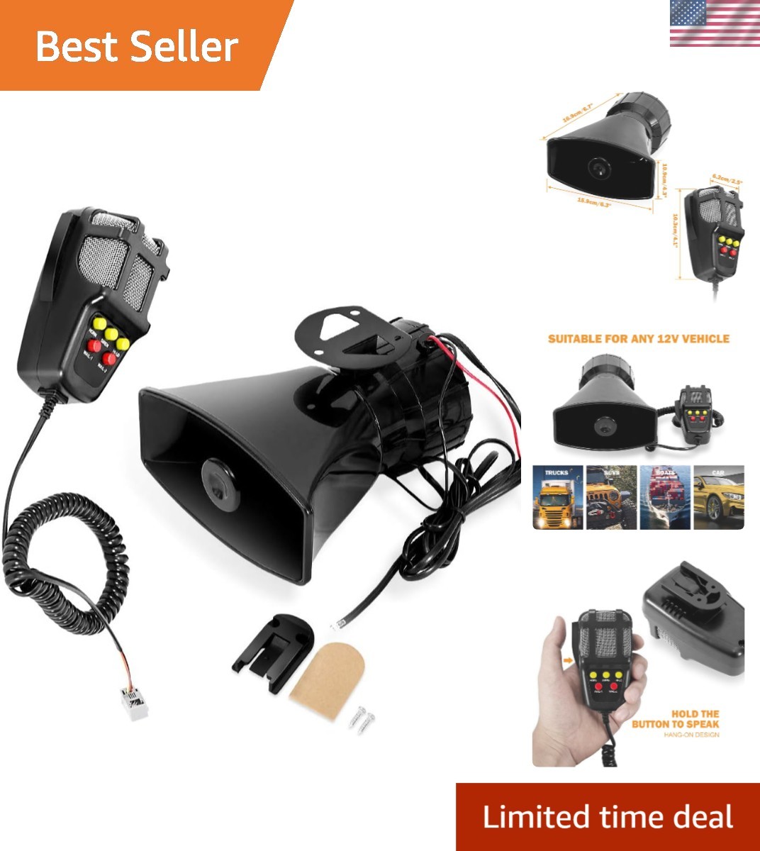 Car Siren Speaker 100W 12V 5 Tone Sound Mic PA System Emergency Sound Amplifi...