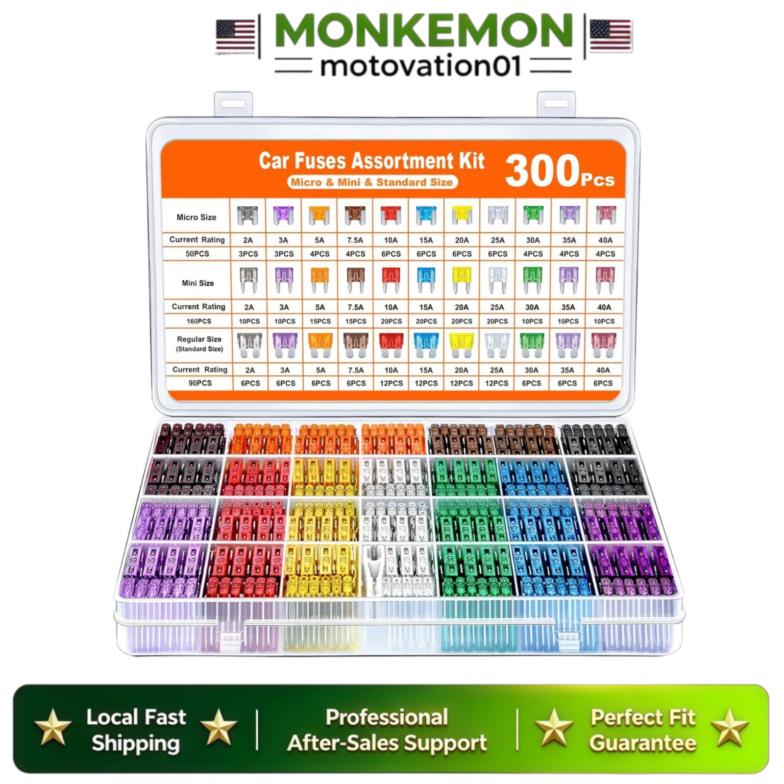 300Pcs Car Fuse Assortment Kit, 160 Mini Blade Fuses Automotive + 90 Standard US