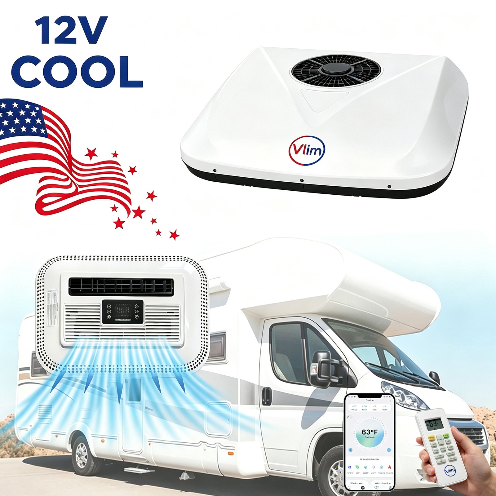 Vlim 12V 10000BTU Cab RV Air Conditioner Rooftop A/C Unit w/APP for RV Truck Van