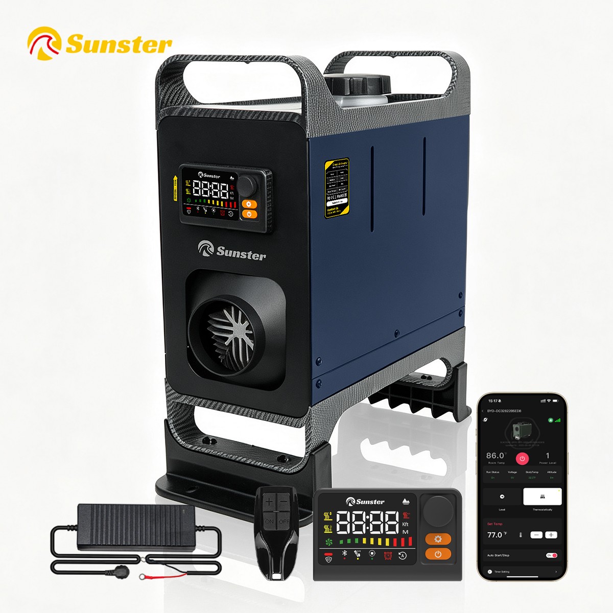 Sunster 8KW Diesel Air Heater 12V 24V 110-240V Bluetooth Extension Cable No Tick
