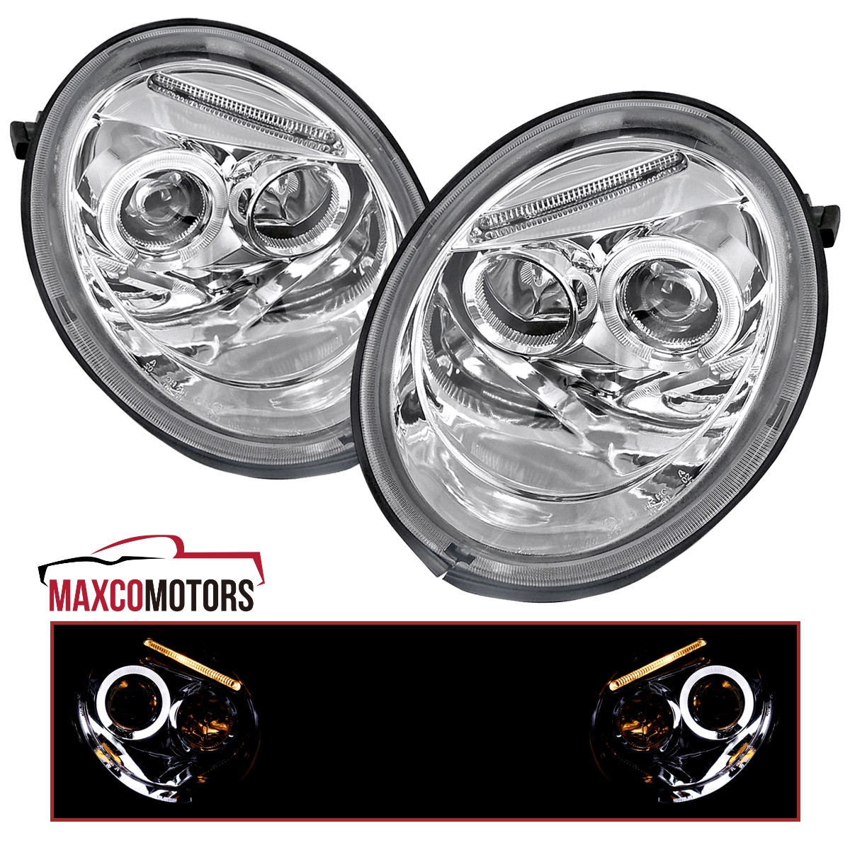 Projector Headlights Fits 1998-2005 VW Volkswagen Beetle LED Halo Left+Right
