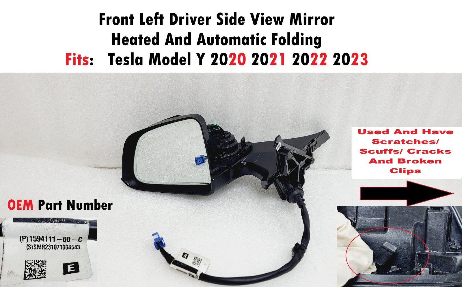 2020-2025 Tesla Model Y Driver Left Side View Mirror 1594111-00-C
