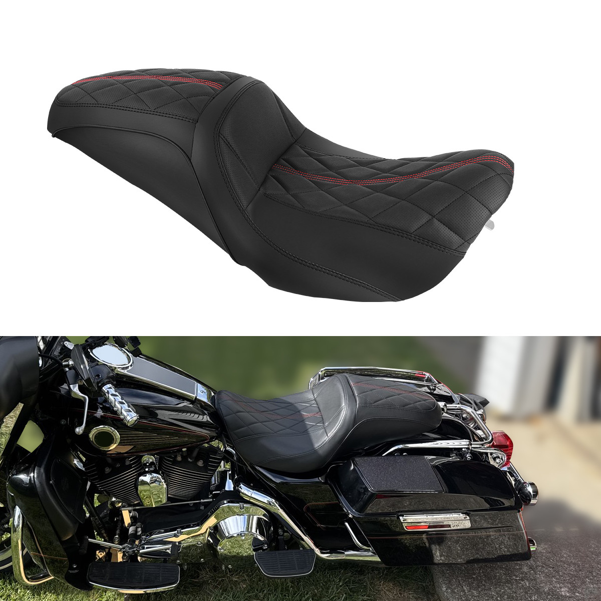 Rider Silica Gel Red & Black Stitch Front Rear Seat For Harley Road King 1997-07