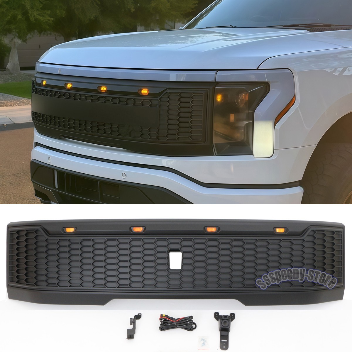 Black Front Grille Fit  For 2023 Ford F150 lightning Upper Grill W/LED Light