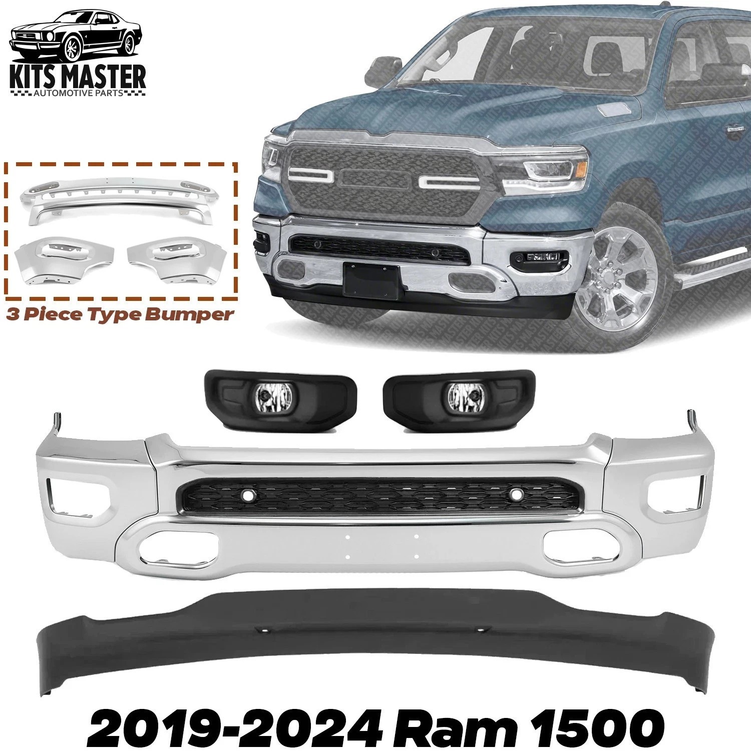 Front Bumper Face Bar Chrome & Fog Lights Assembly Kit For 2019-2024 RAM 1500