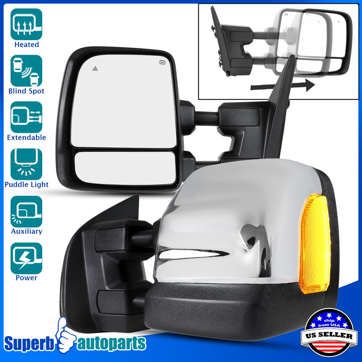 Fits 2016-2022 Titan Chrome Power Heated+LED Signal+Blind Spot Tow Mirror