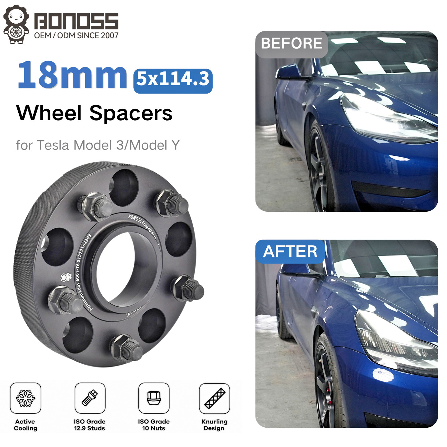 BONOSS 2PCS 18mm 5x114.3 CB64.1mm Hubcentric Wheel Spacers for Tesla Model 3/Y