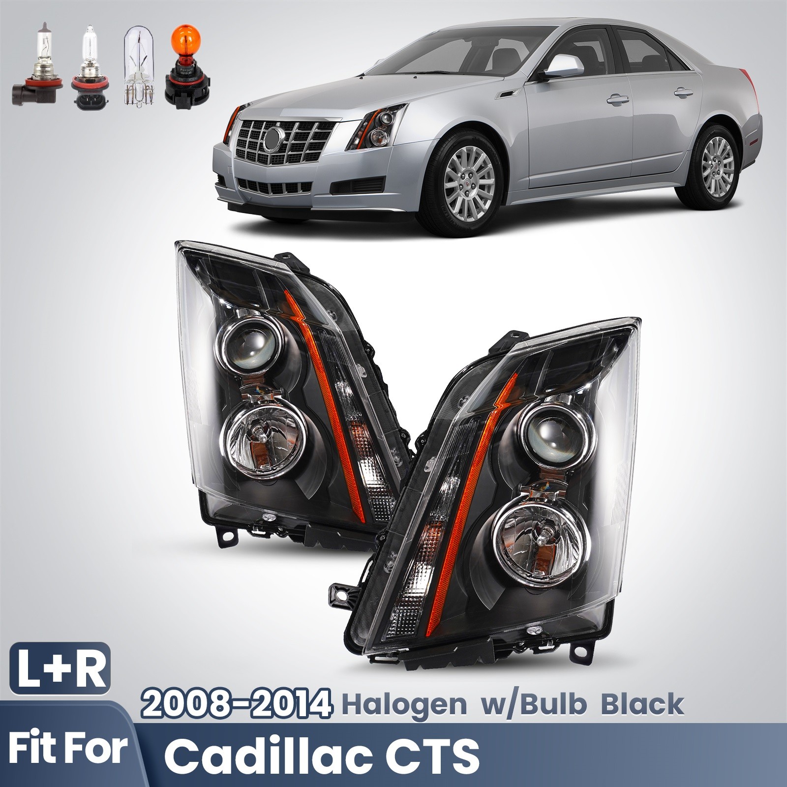 Upgrade Halogen Headlight For 2008-2014 Cadillac CTS Black w/Bulbs Left+Right
