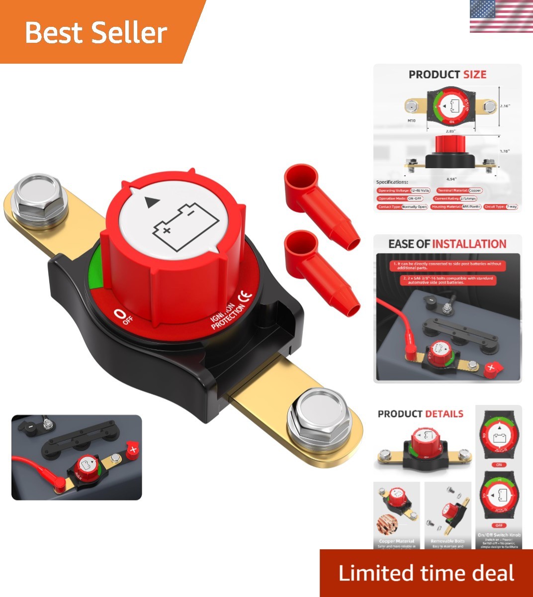 275A Waterproof Side Post Battery Disconnect Switch for 12V-48V Systems