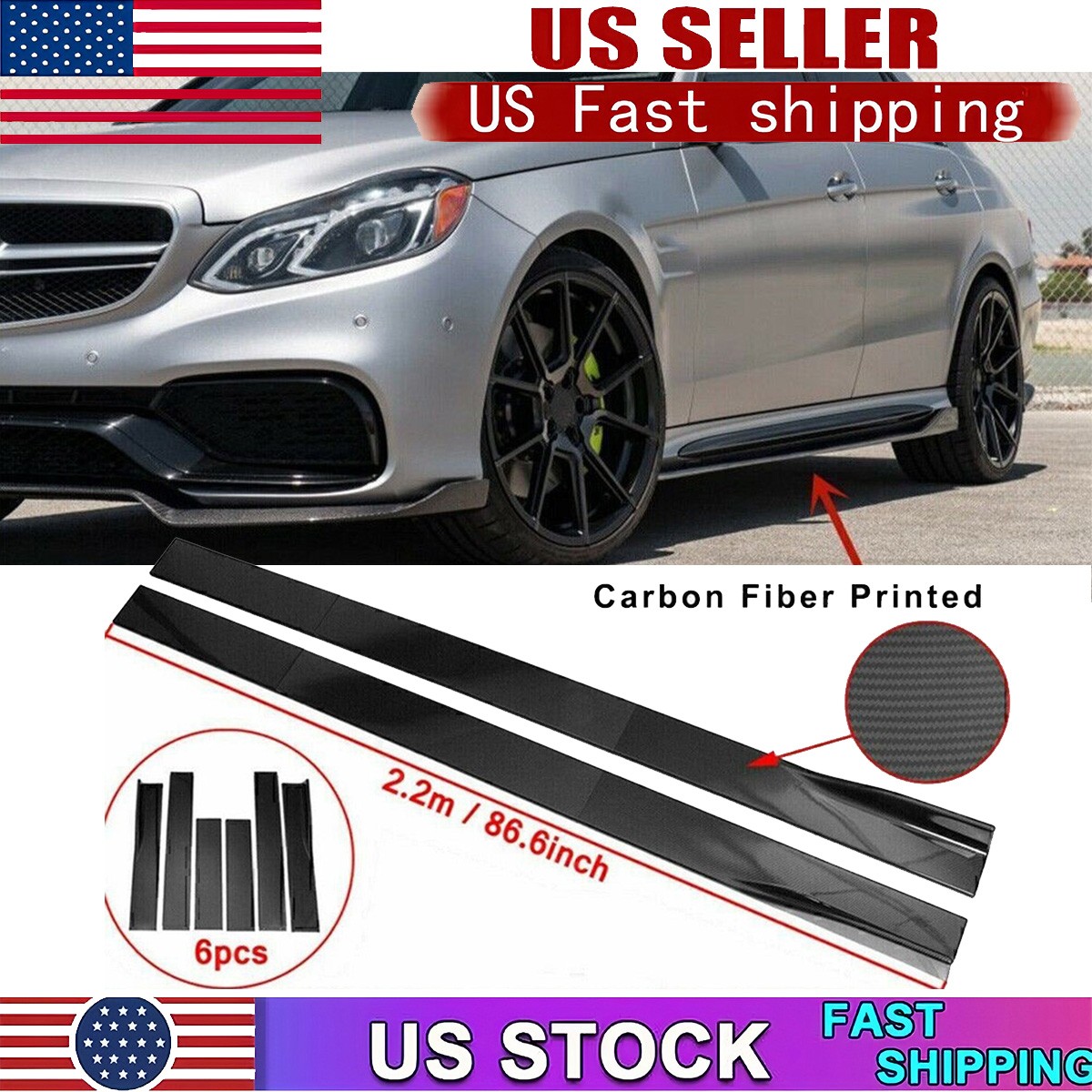 86.6\'\' Carbon Fiber Side Skirt Extension Rocker Panel Lip For Benz C200 C300 C63