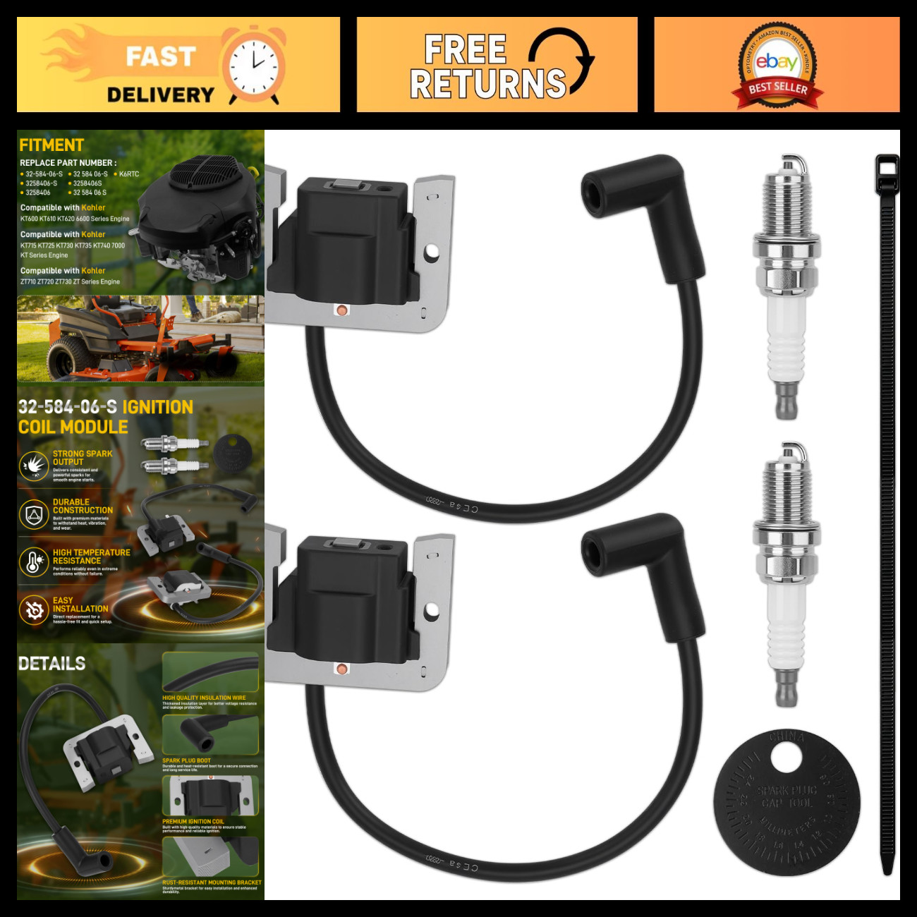 2 PCS Ignition Coil Module & Spark Plug for Kohler KT ZT Engines 7000 Series