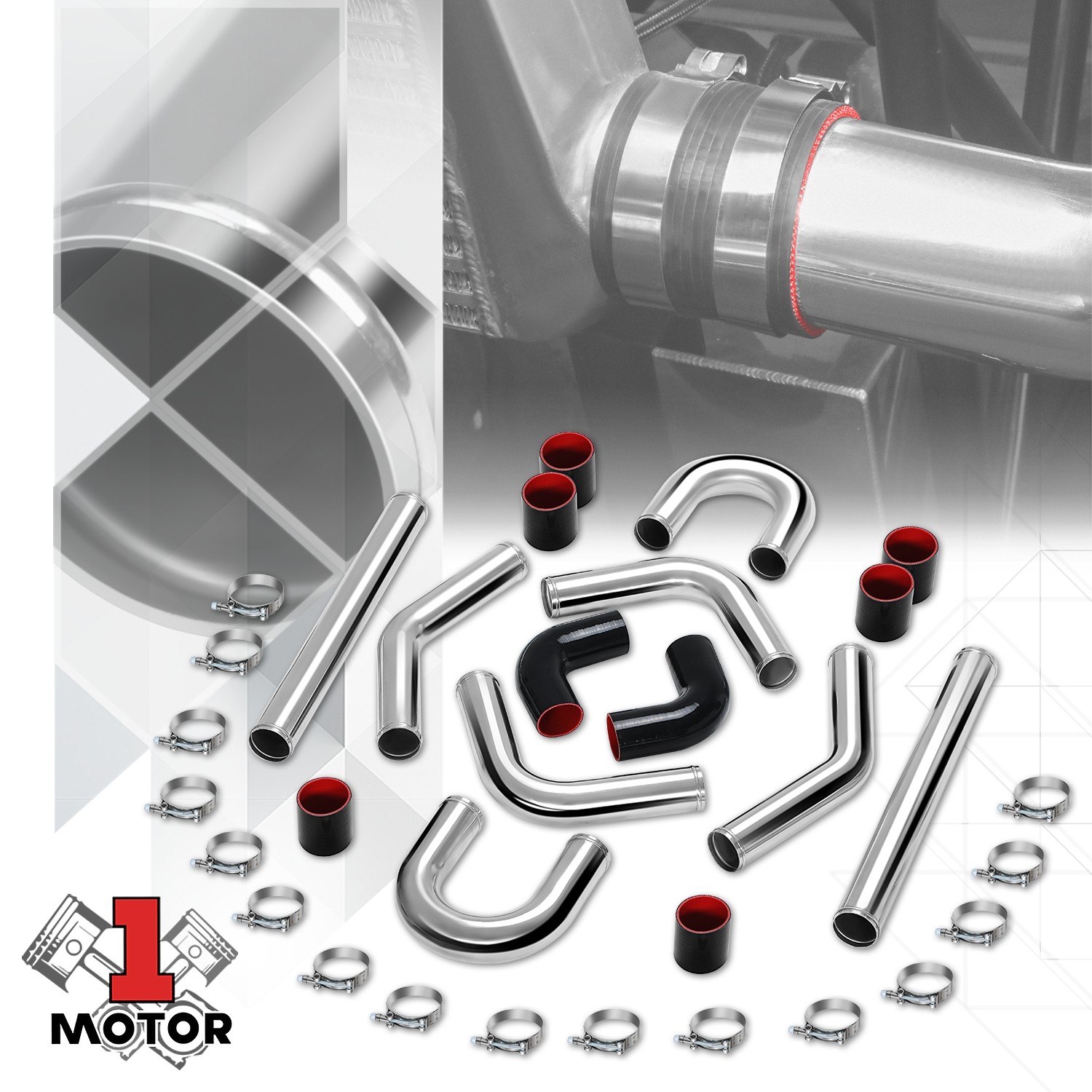 180 Degree U-Bend 14 Gauge 2.5Inch Black Red Aluminum Turbo Intercooler Pipe Kit
