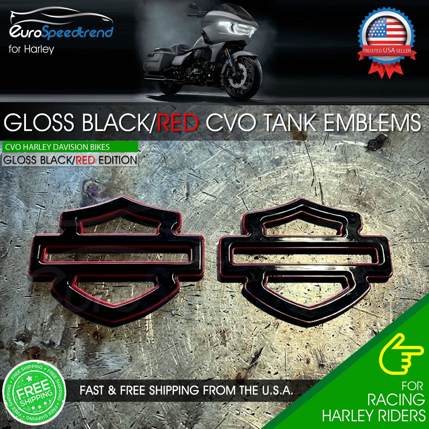 Custom Tank Emblems Fit Harley CVO Gloss Black Red Metal 3D Road Glide Set of 2